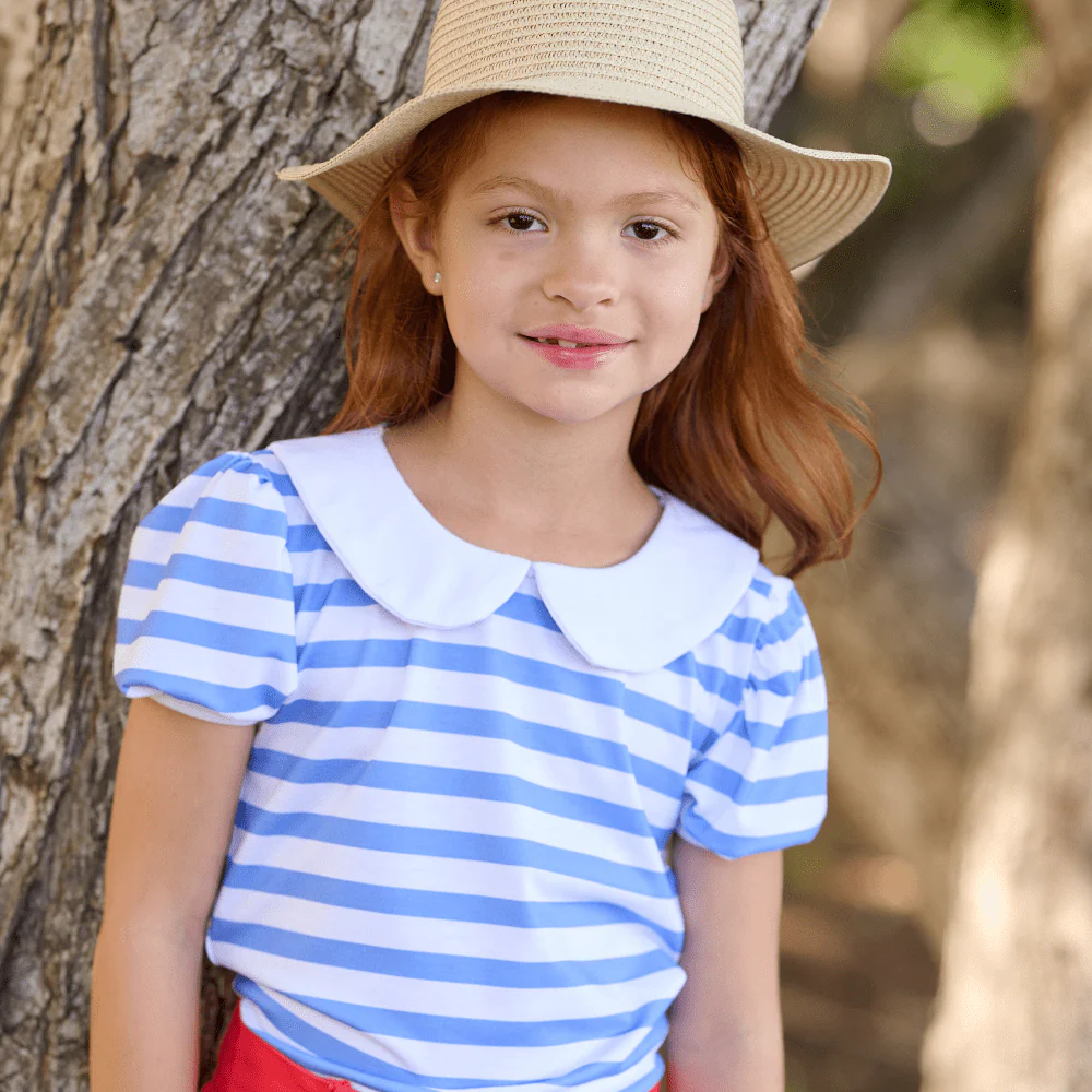 Amelia Peter Pan Puff Sleeve Tee - Blue Stripe