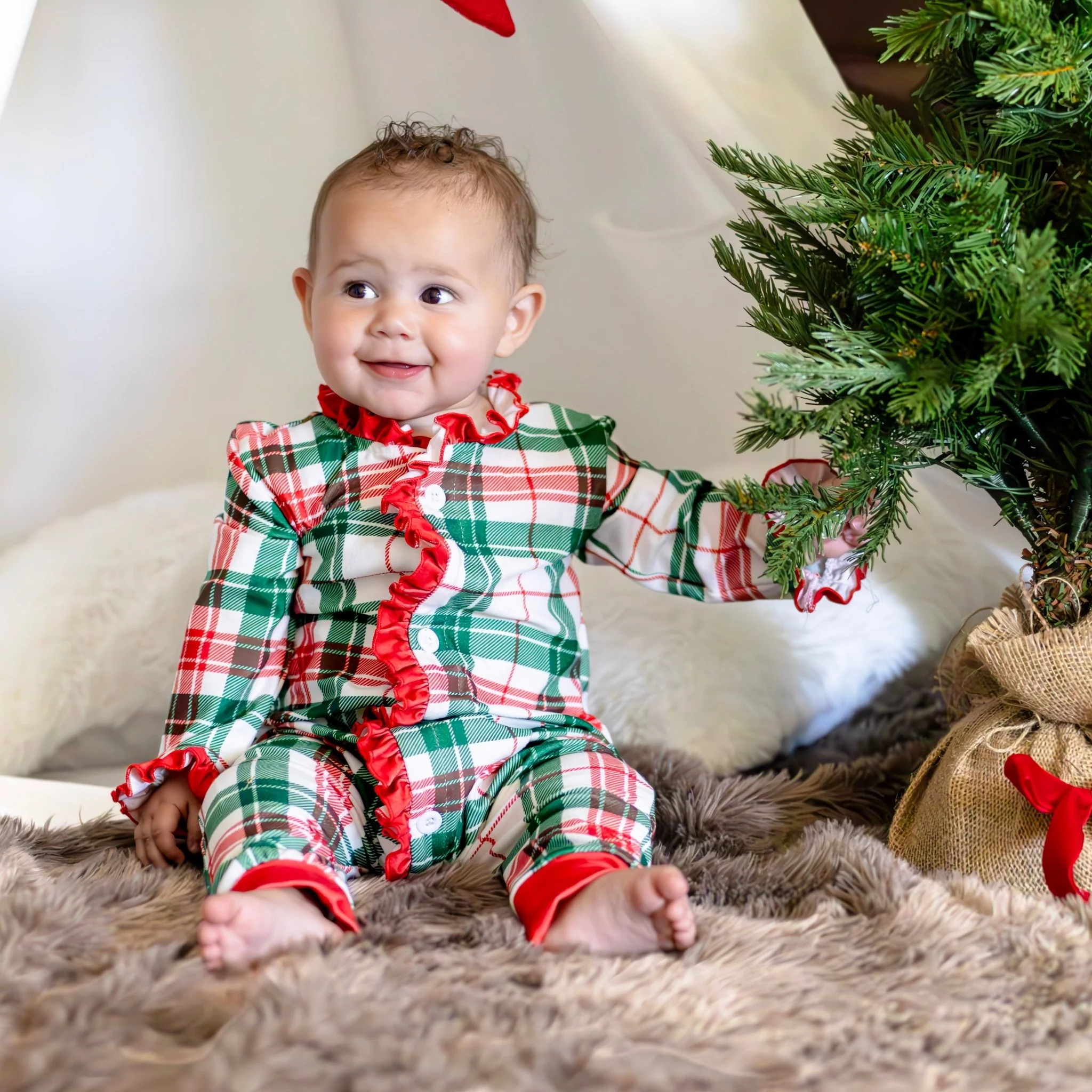 Baby Ruffle Buttflap Pajamas - Christmas Plaid Holiday Lounge - Image 3