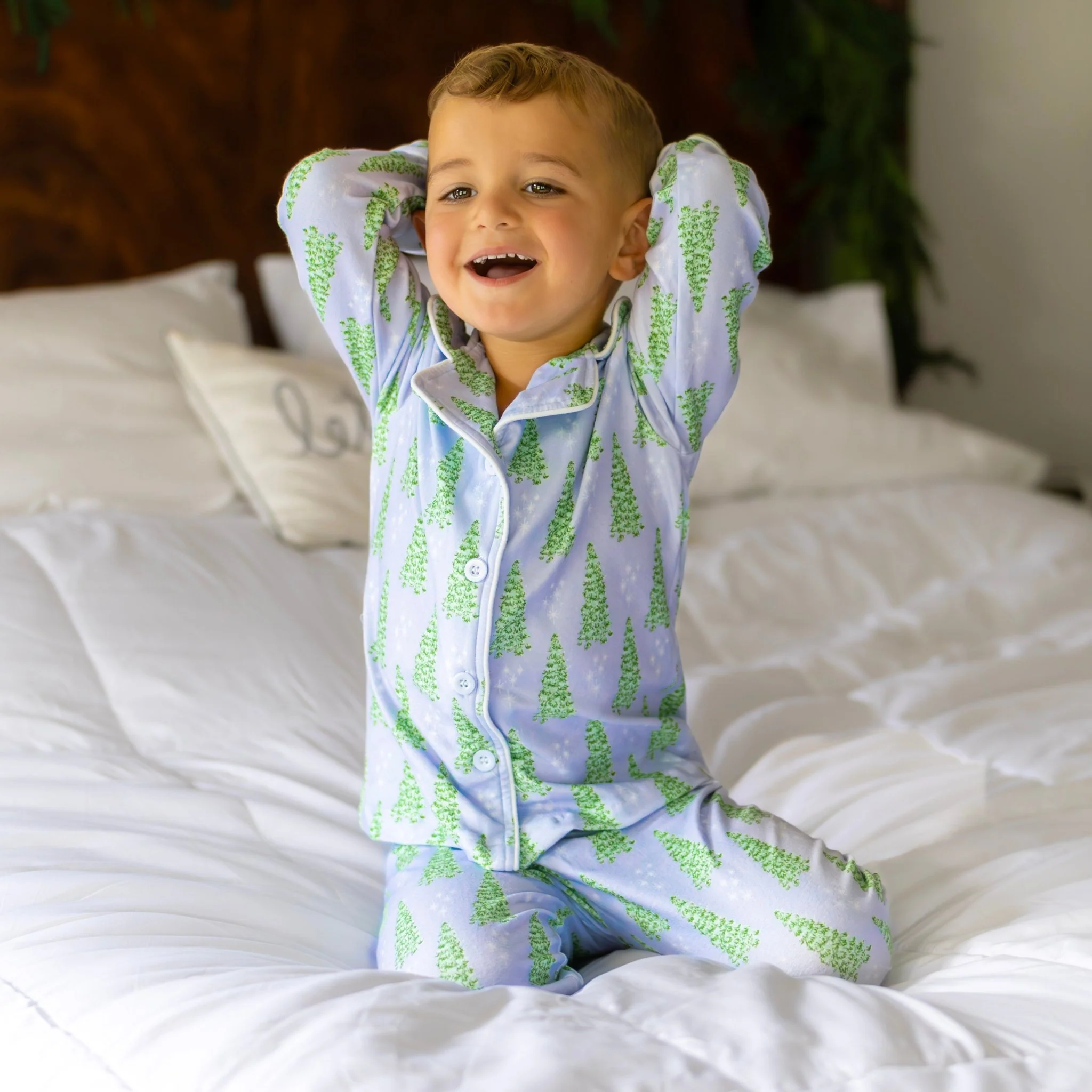 Kids Button Down Pajamas - Blue Christmas Tree Holiday Lounge - Image 3