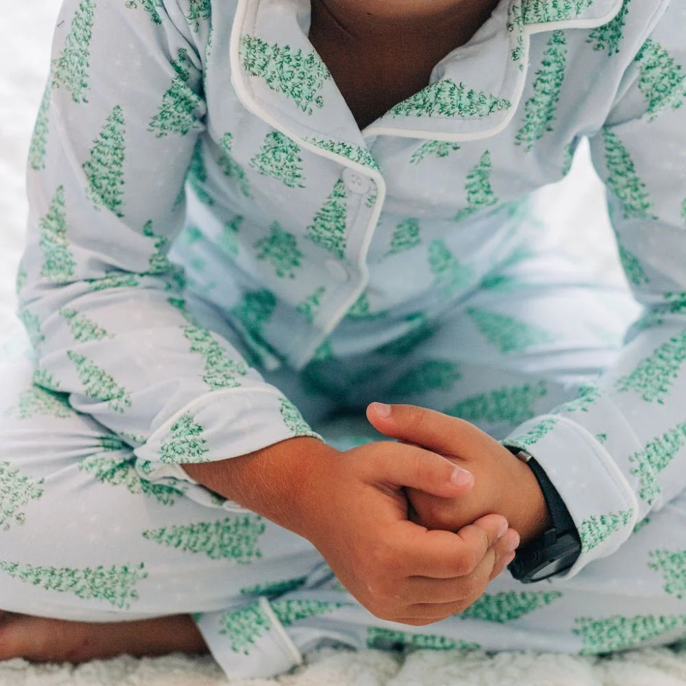 Kids Button Down Pajamas - Blue Christmas Tree Holiday Lounge - Image 5