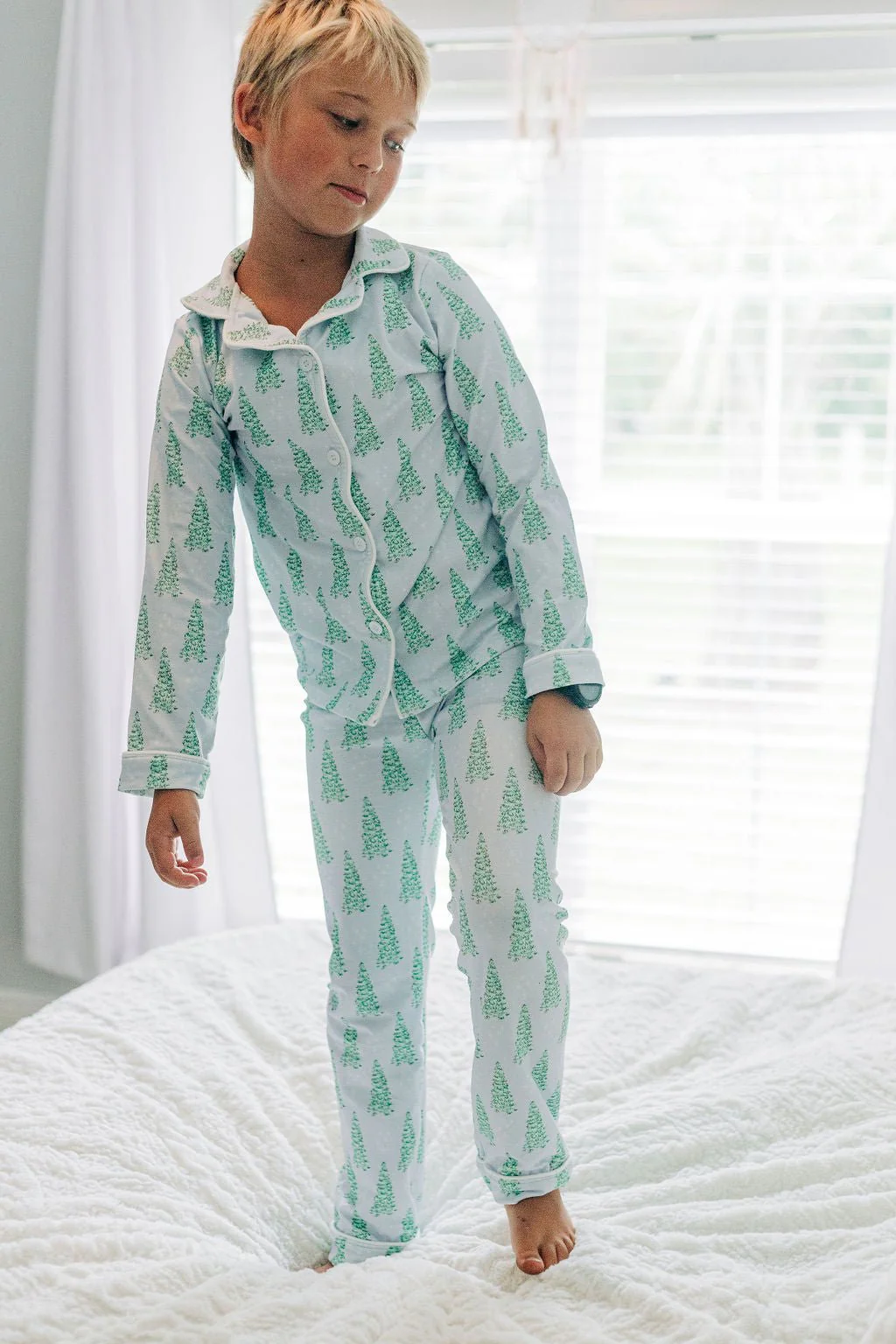Kids Button Down Pajamas - Blue Christmas Tree Holiday Lounge - Image 7