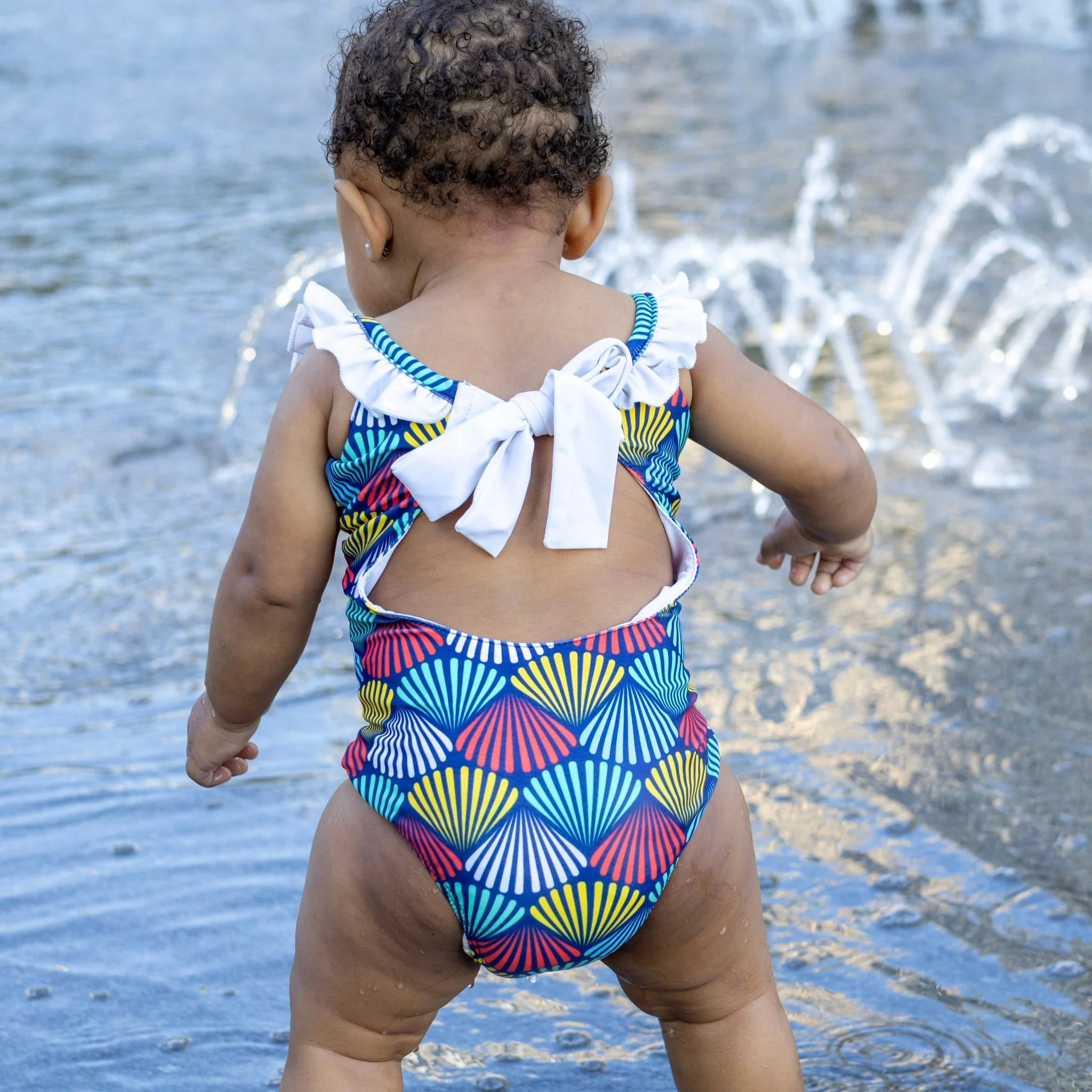 Bow Back Swimsuit - Rainbow Shells on Navy - Image 6
