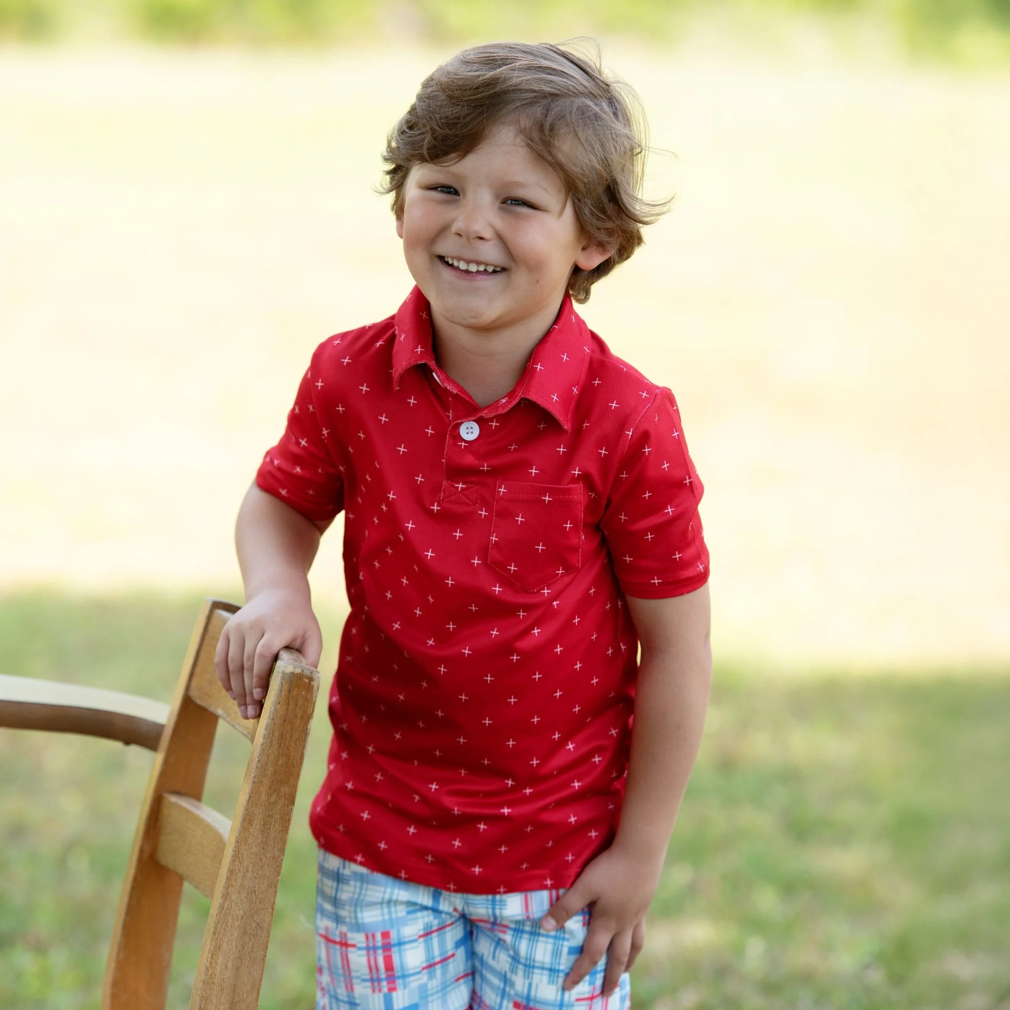 Mini Davis Short Sleeve Pocket Polo - White + on Red