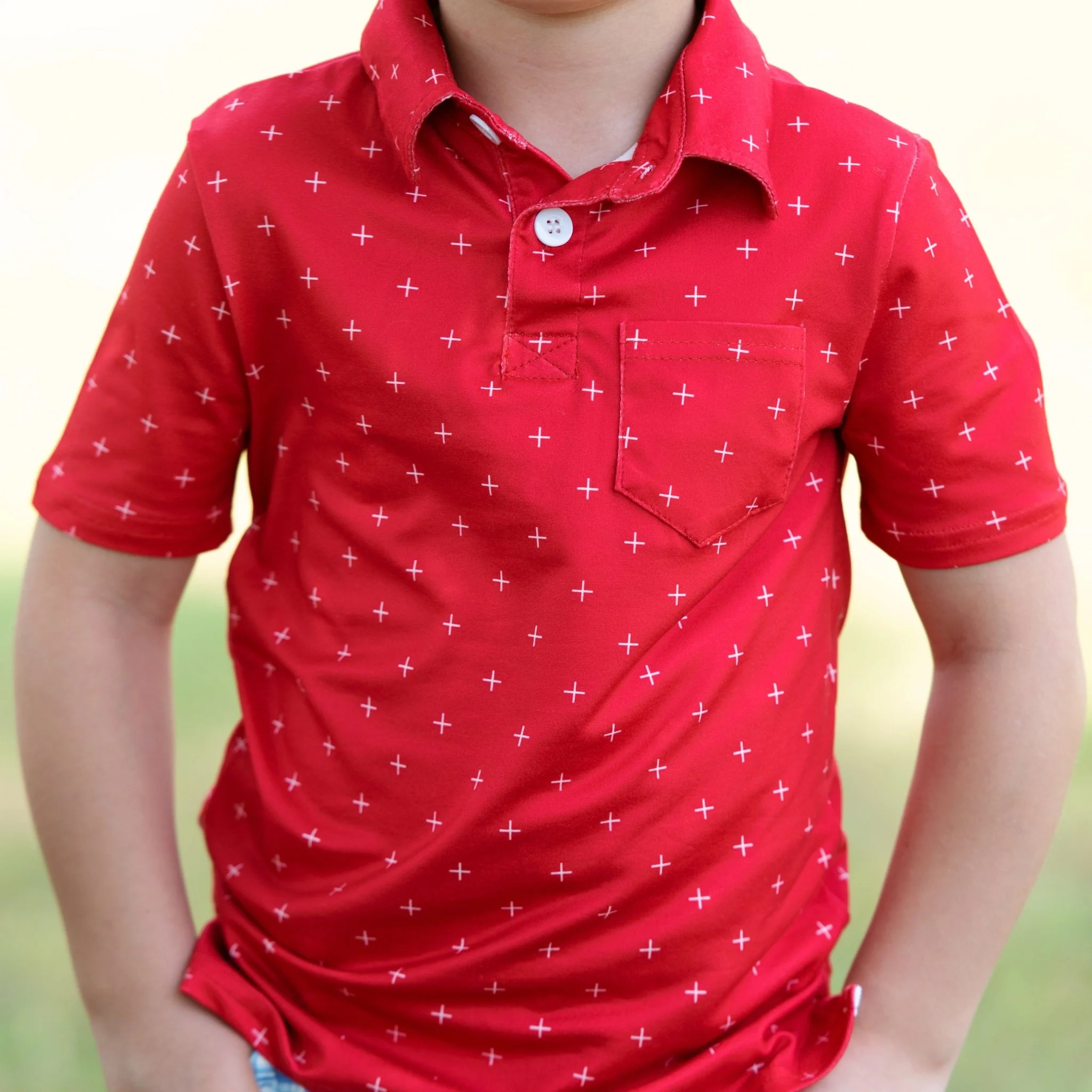 Mini Davis Short Sleeve Pocket Polo - White + on Red - Image 2