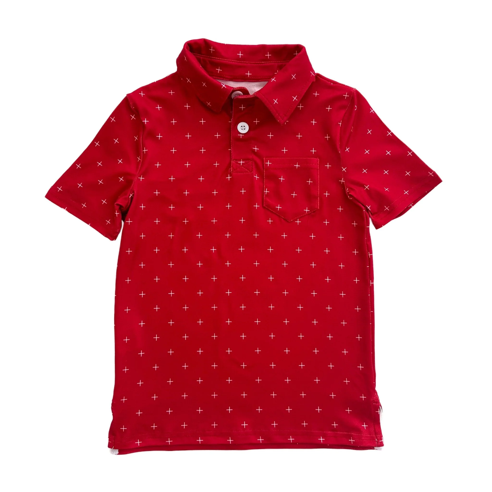 Mini Davis Short Sleeve Pocket Polo - White + on Red - Image 4