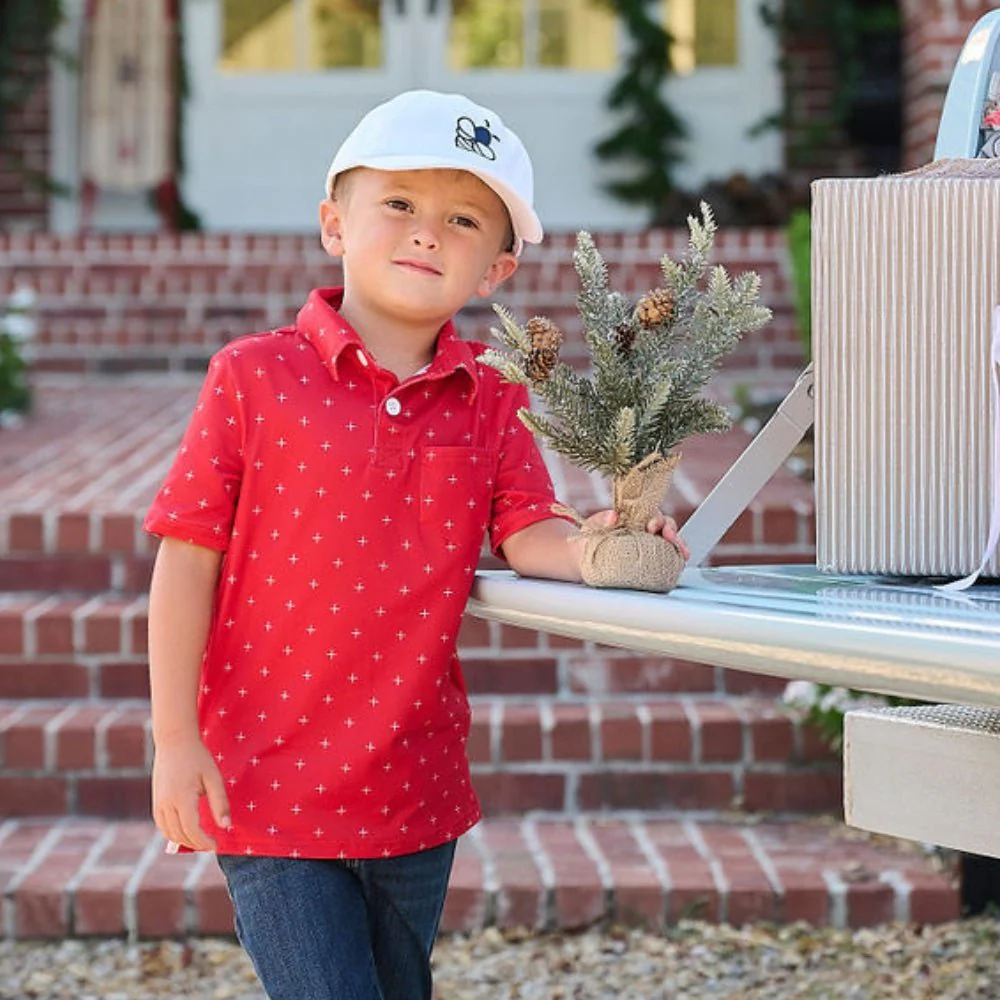 Mini Davis Short Sleeve Pocket Polo - White + on Red - Image 6