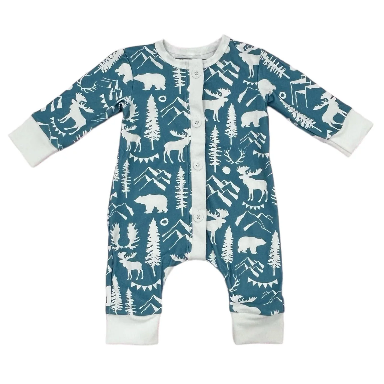 One-Piece Buttflap Pajamas- Blue Mountain Animals