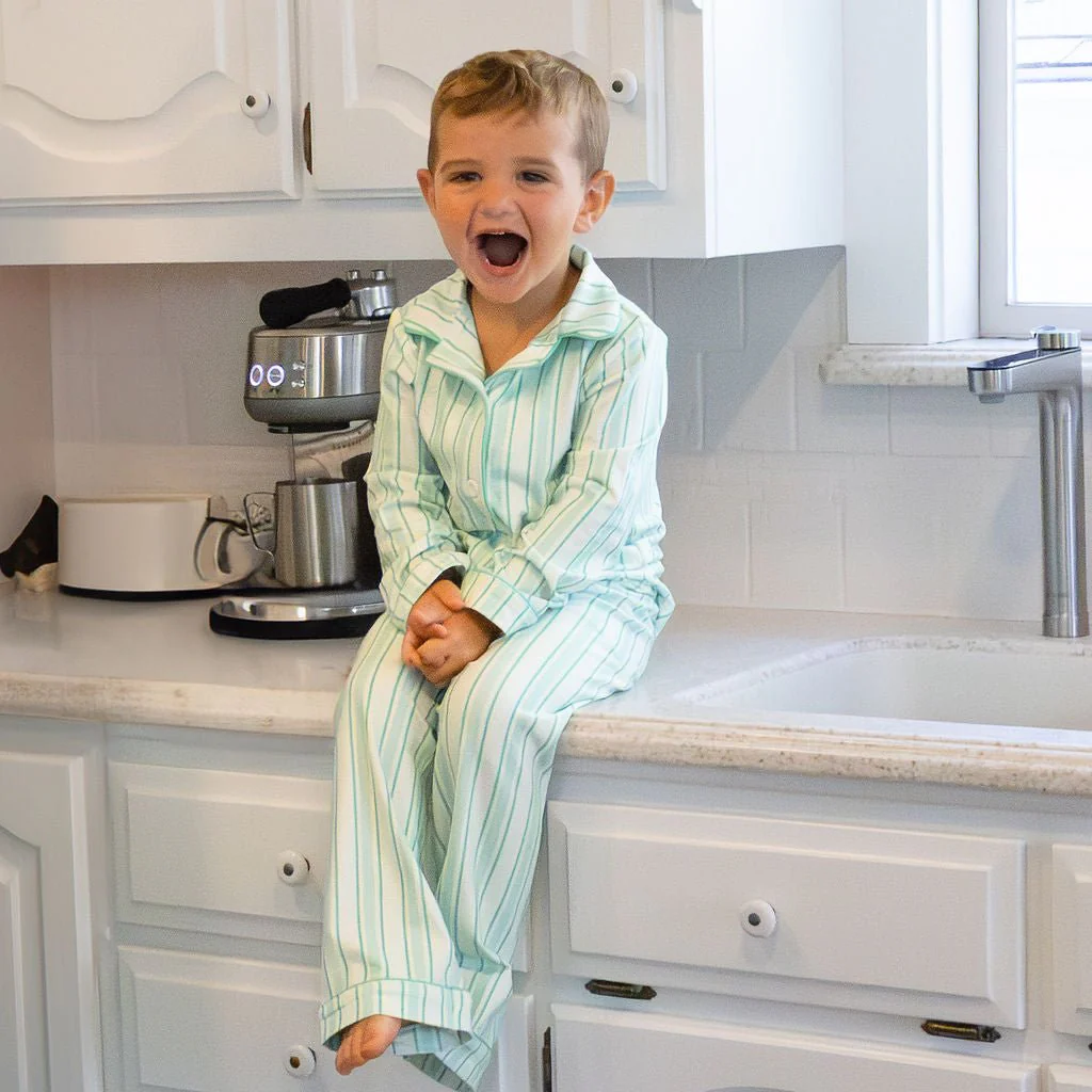 Kids Button Down Pajamas - Green Stripe Holiday Lounge - Image 3
