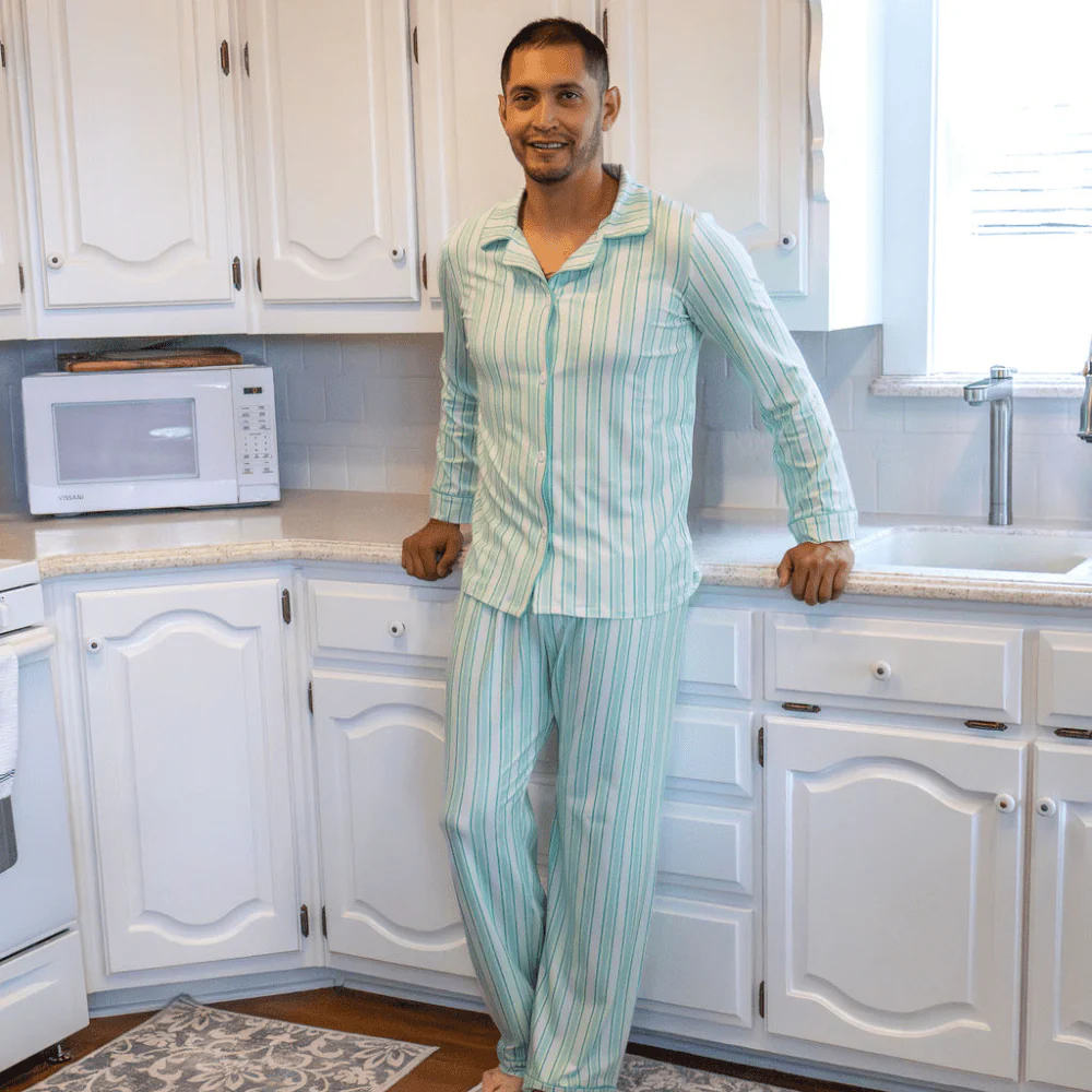 Kids Button Down Pajamas - Green Stripe Holiday Lounge - Image 4