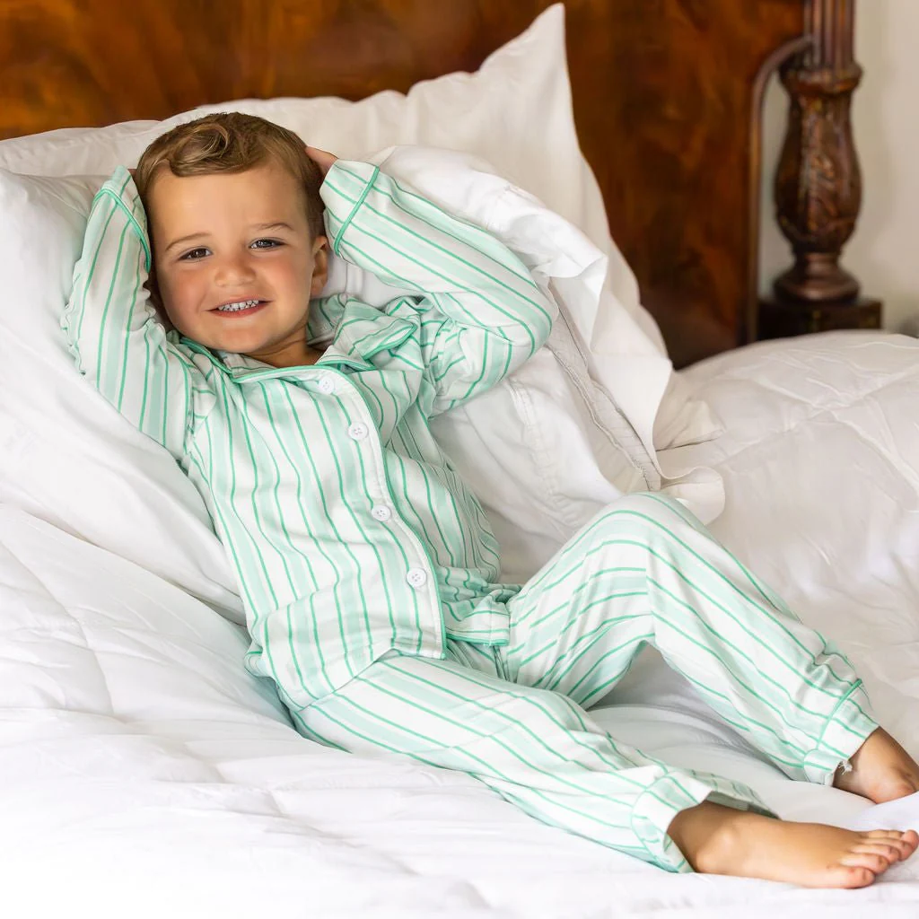 Kids Button Down Pajamas - Green Stripe Holiday Lounge - Image 5