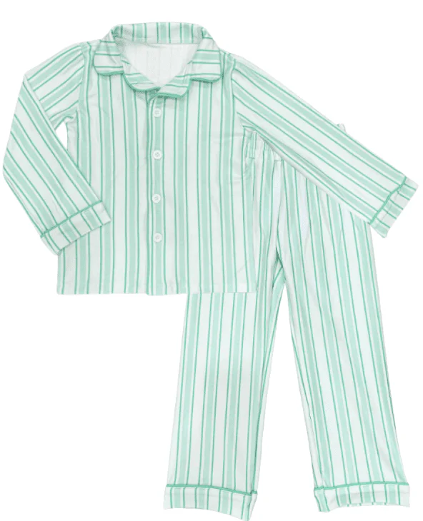 Kids Button Down Pajamas - Green Stripe Holiday Lounge - Image 6