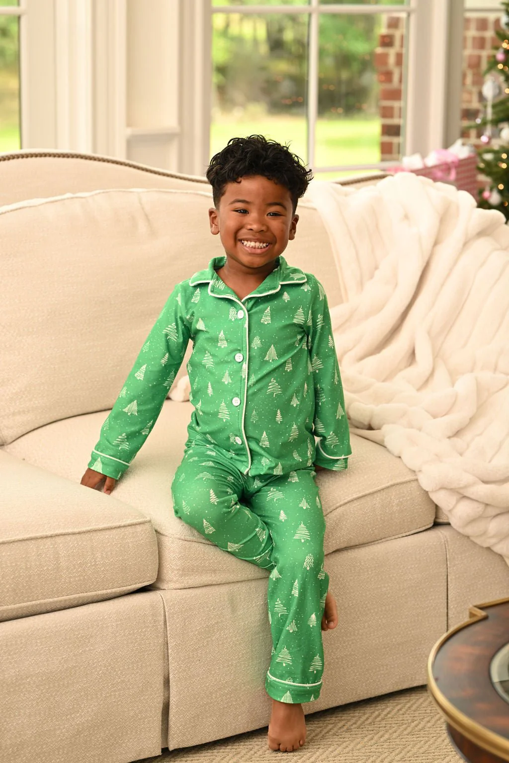 Button Down Pajamas- White Trees On Green Holiday Lounge - Image 3