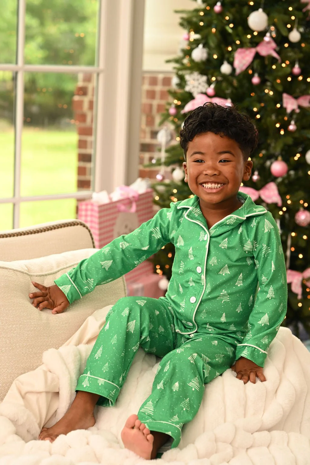 Button Down Pajamas- White Trees On Green Holiday Lounge - Image 5