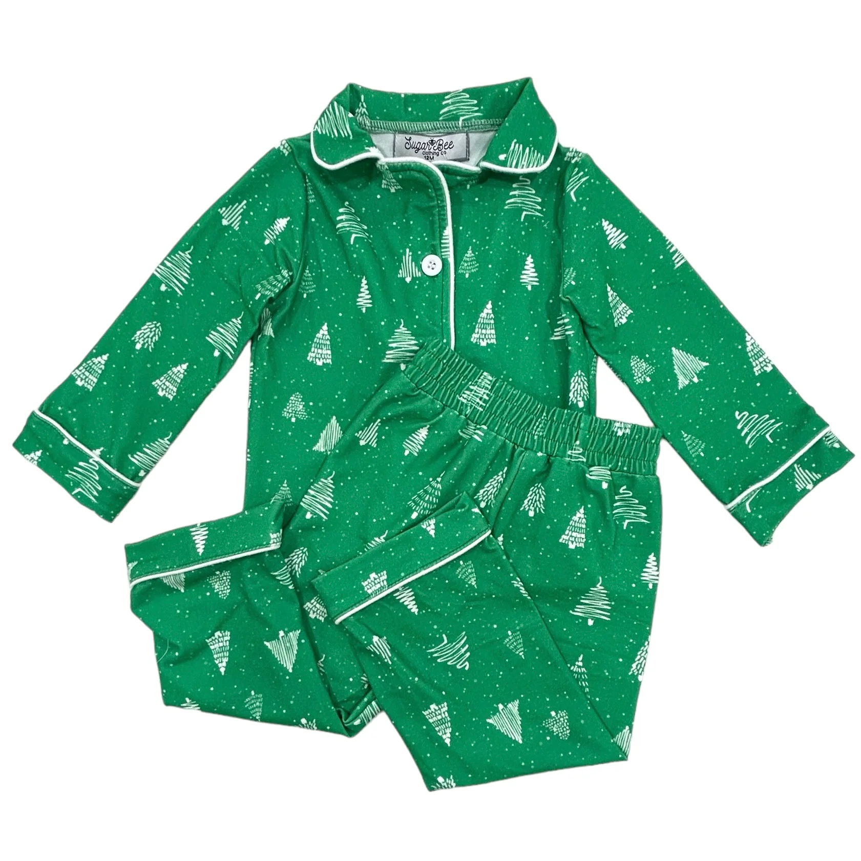 Button Down Pajamas- White Trees On Green Holiday Lounge - Image 6