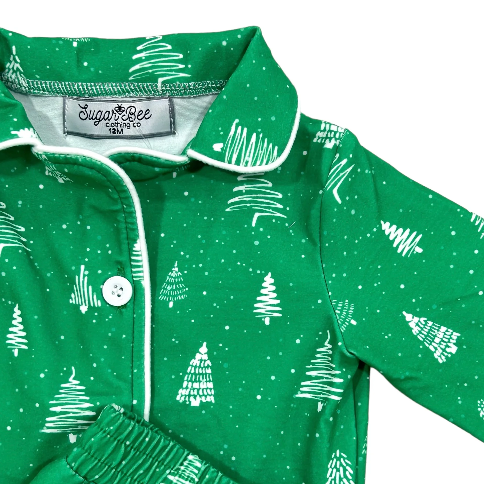 Button Down Pajamas- White Trees On Green Holiday Lounge - Image 8