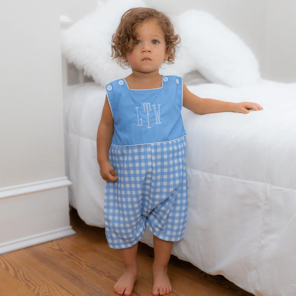 Button Shoulder Shortall - Blue Gingham