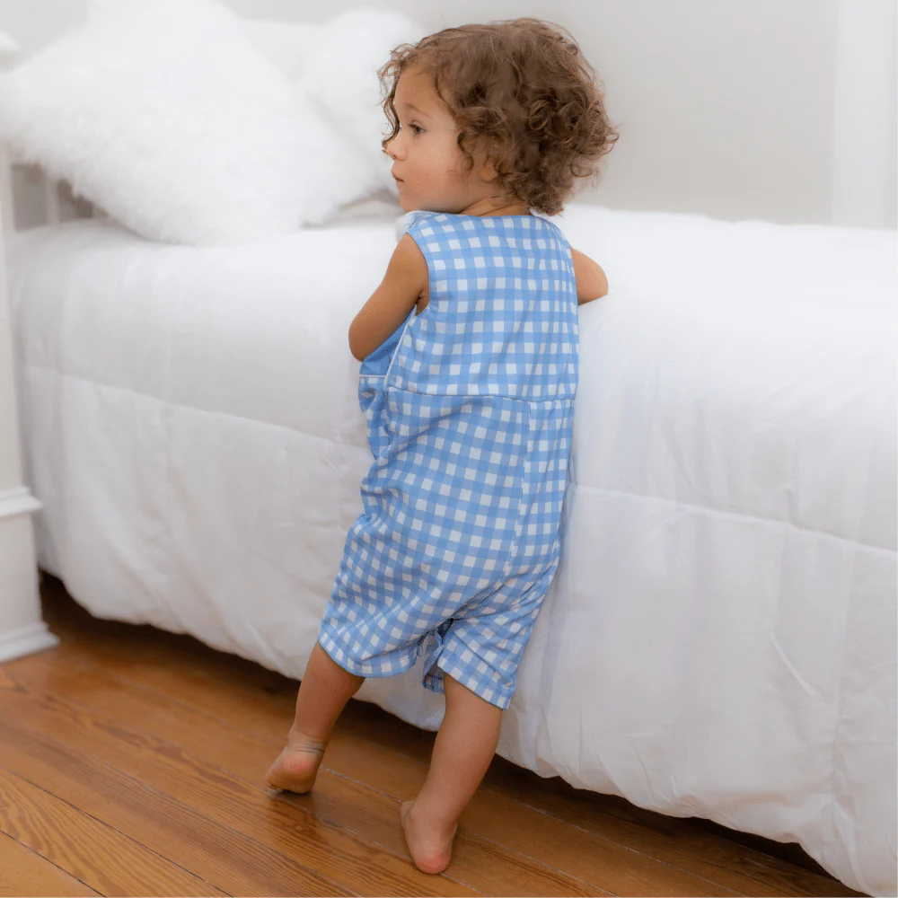 Button Shoulder Shortall - Blue Gingham - Image 2