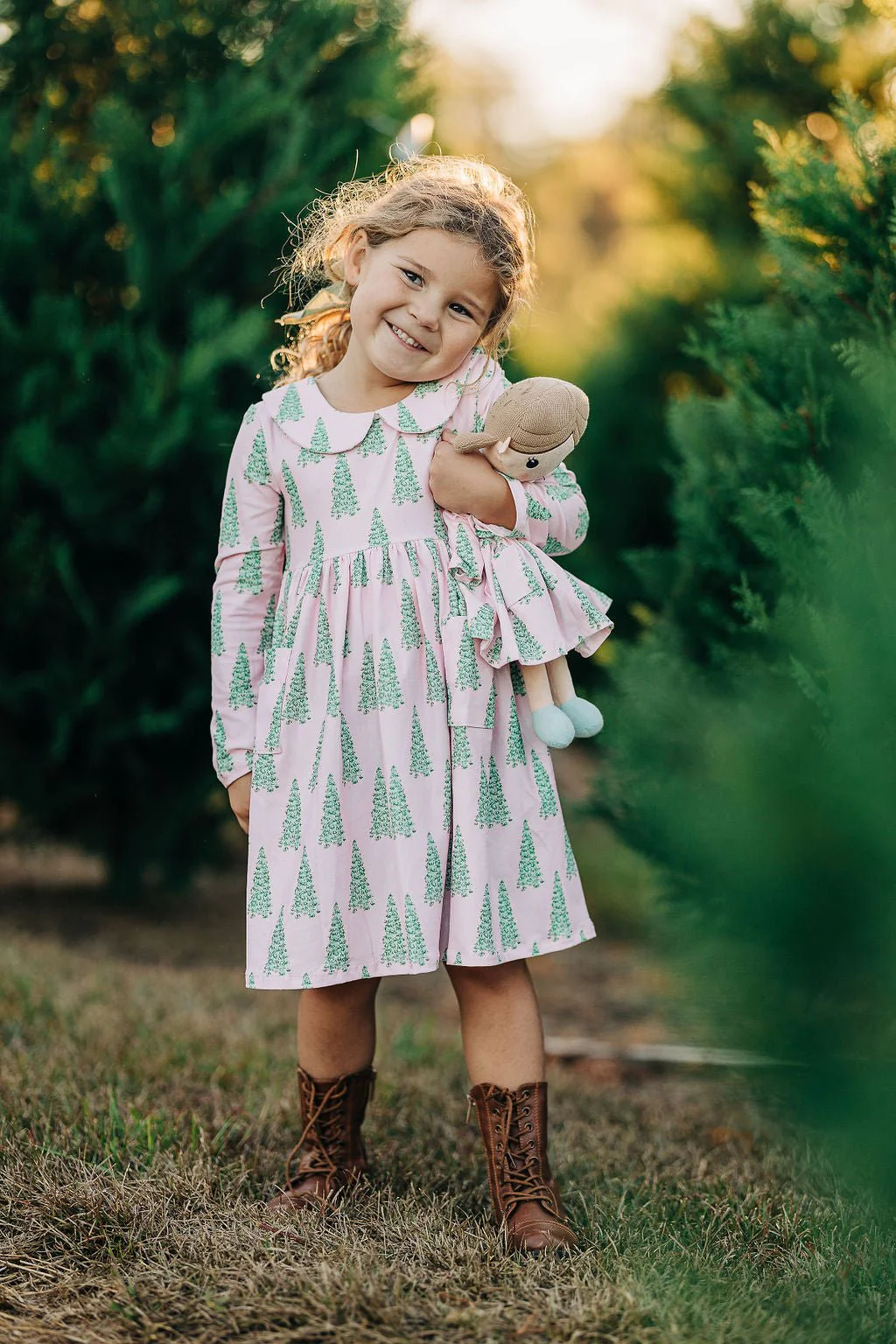 Doll Claire Twirl Dress - Pink Christmas Tree