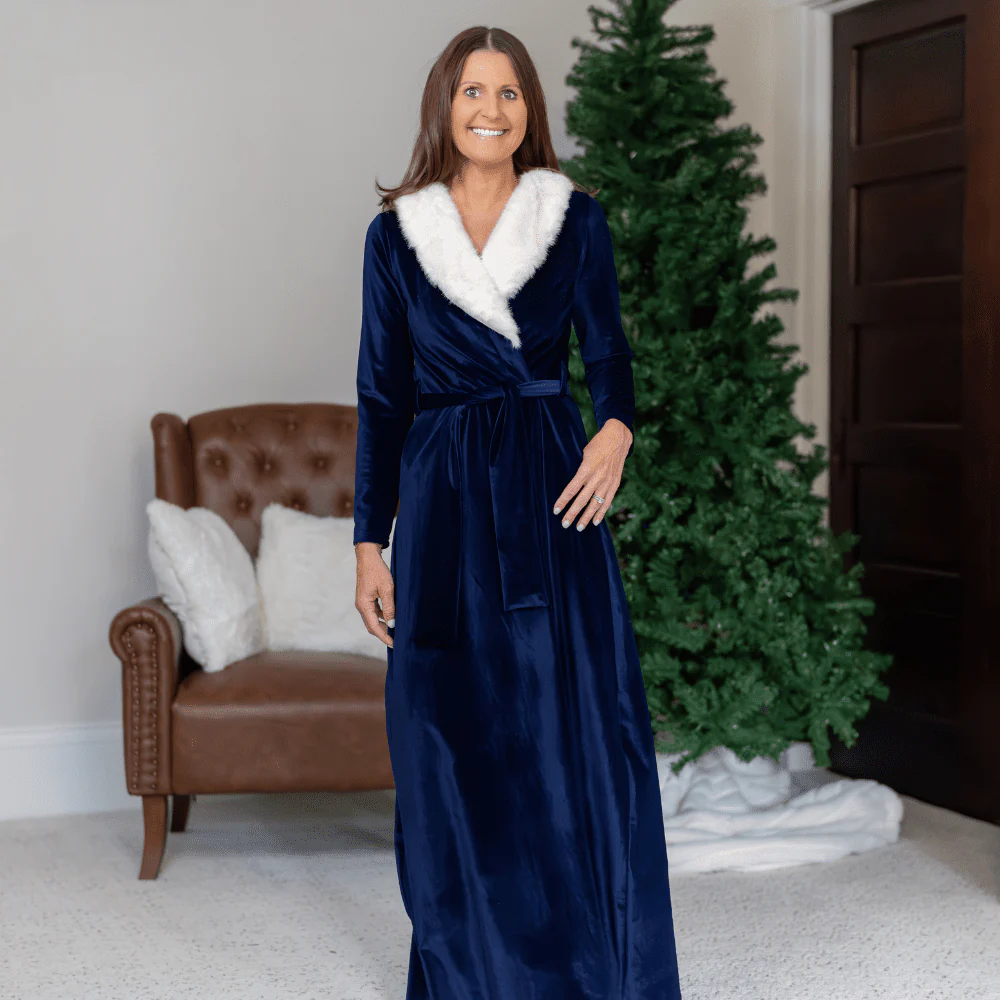 Eleanor Fur Trimmed Robe - Navy - Image 2