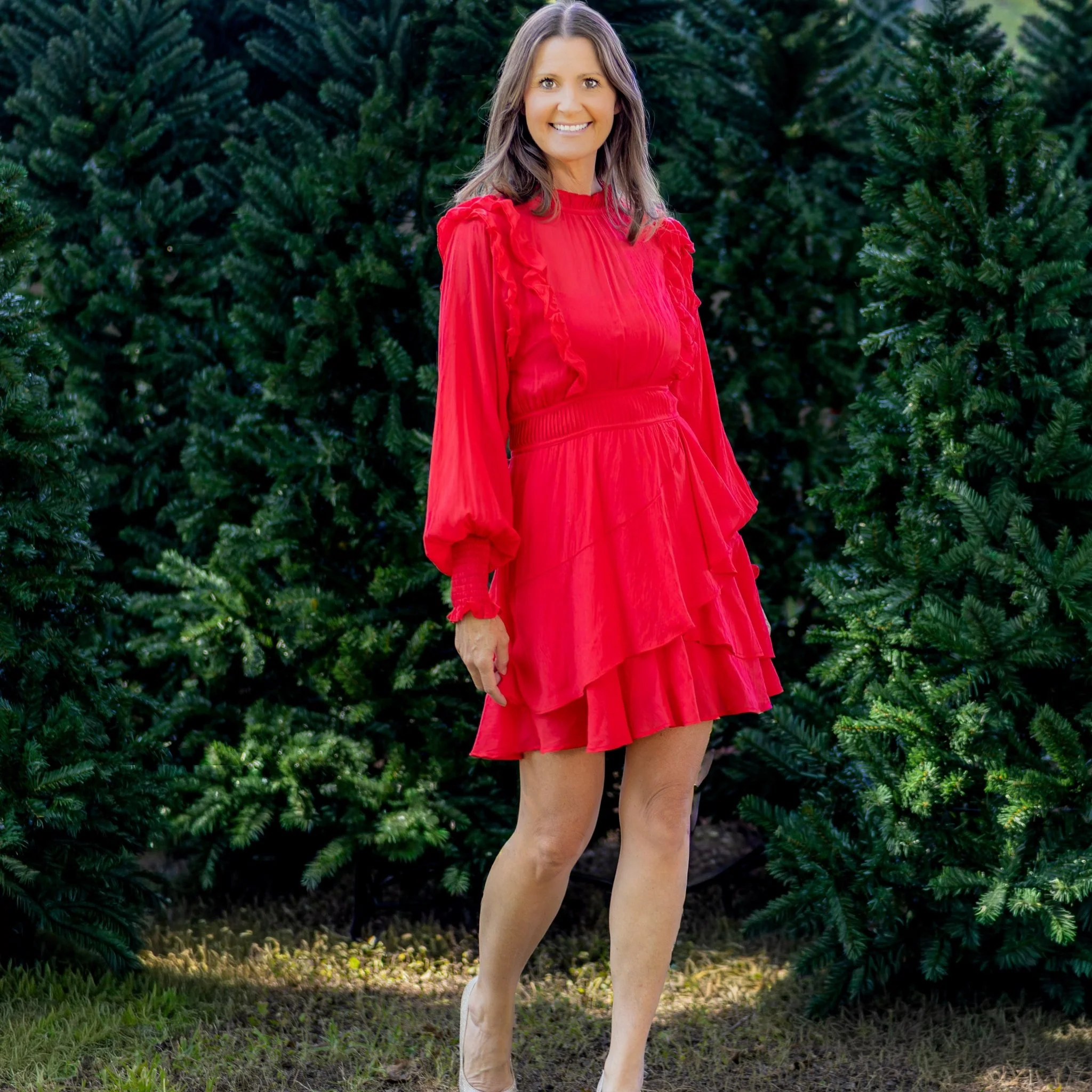 Evelyn - Holiday Red Long Sleeve Ruffle Dress - Image 4
