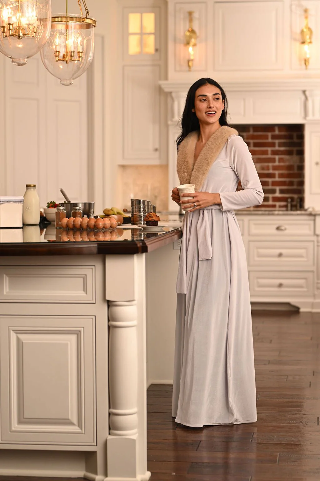 Eleanor Fur Trimmed Robe - Cafe Au Lait - Image 5