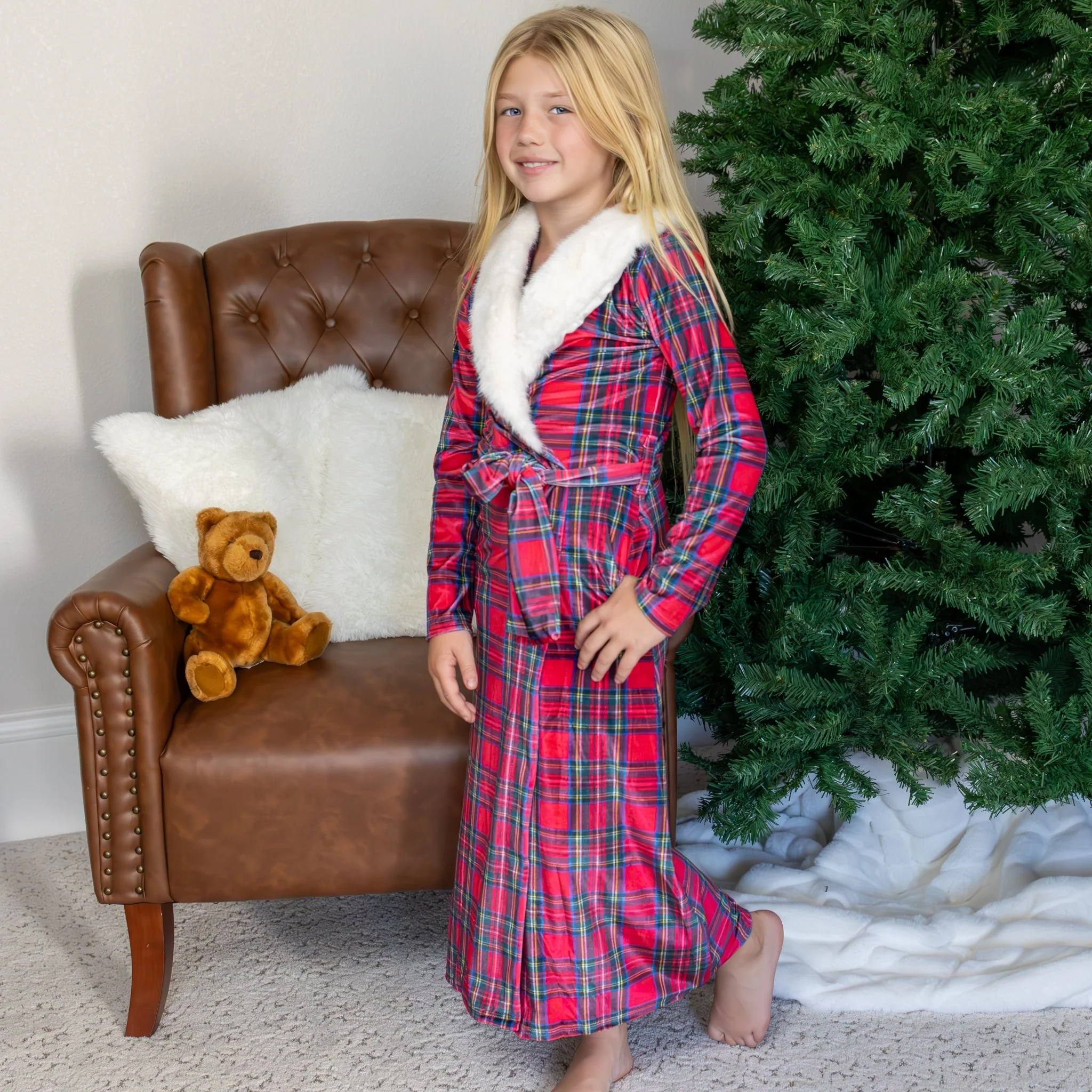Mini Eleanor Fur Trimmed Robe - Tartan - Image 3
