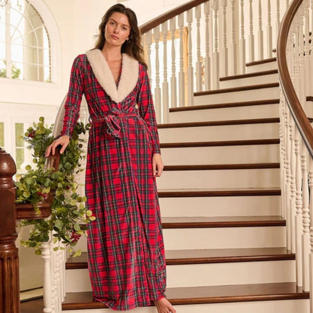 Eleanor Fur Trimmed Robe - Tartan - Image 3