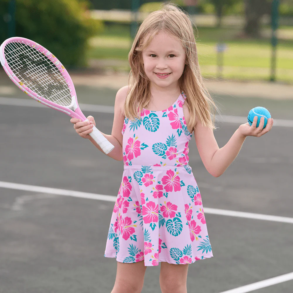 Mini Dallas  Halter Tennis Dress - Teal Hibiscus