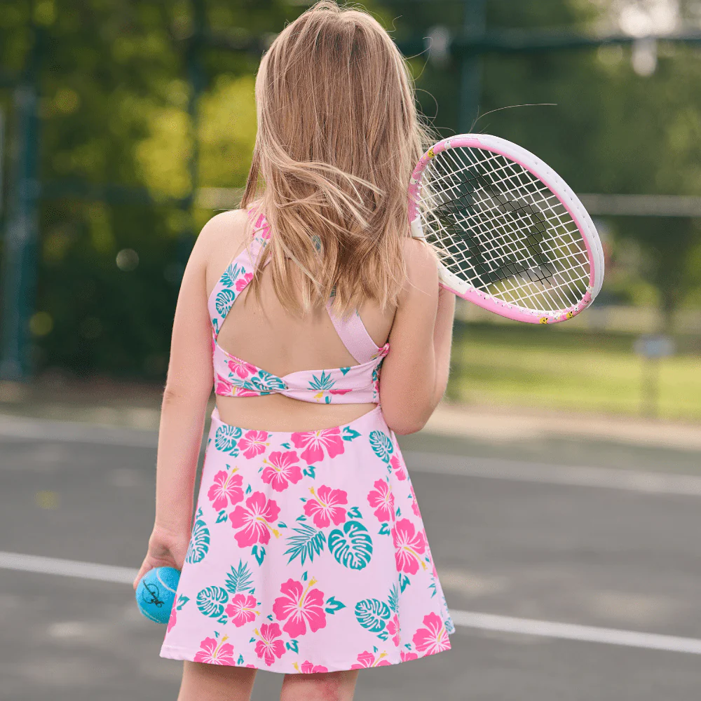 Mini Dallas  Halter Tennis Dress - Teal Hibiscus - Image 3