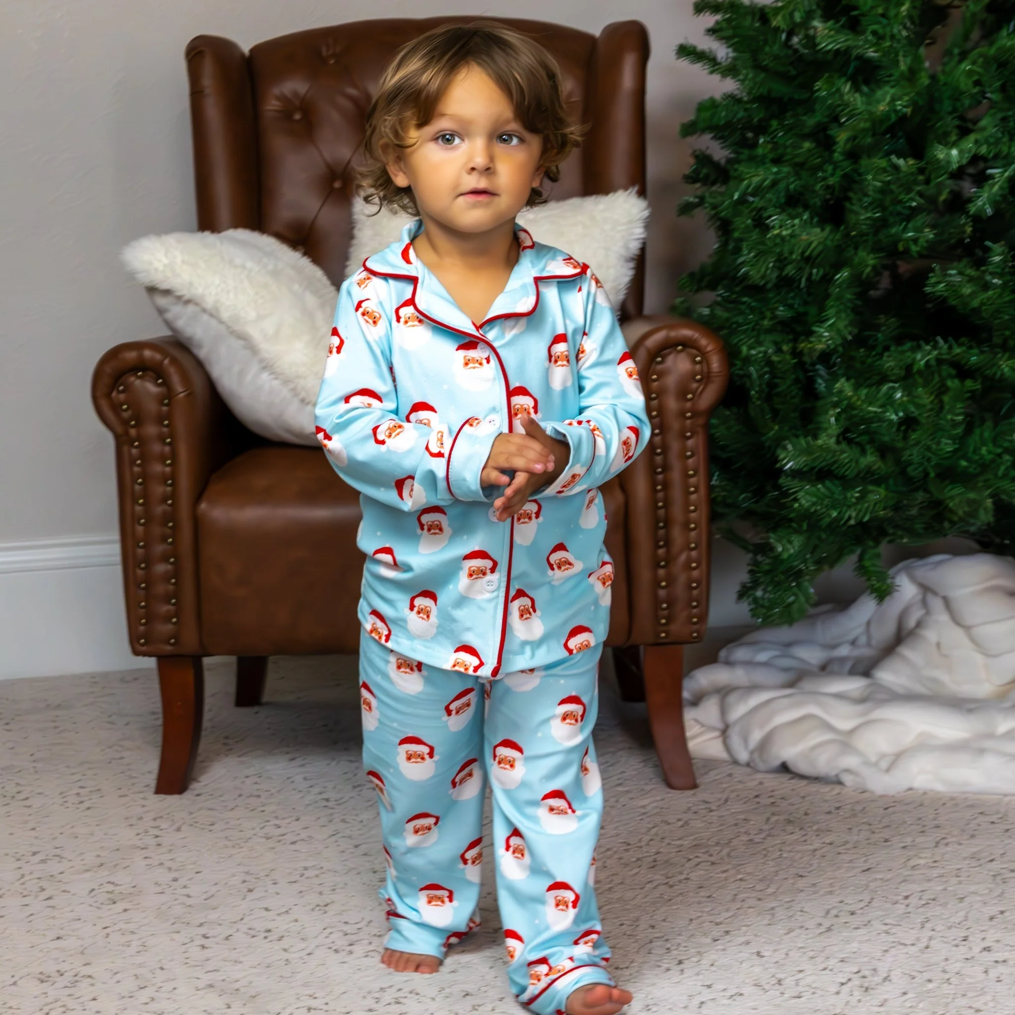 Kids Button Down Pajamas - Vintage Santa Holiday Lounge - Image 3