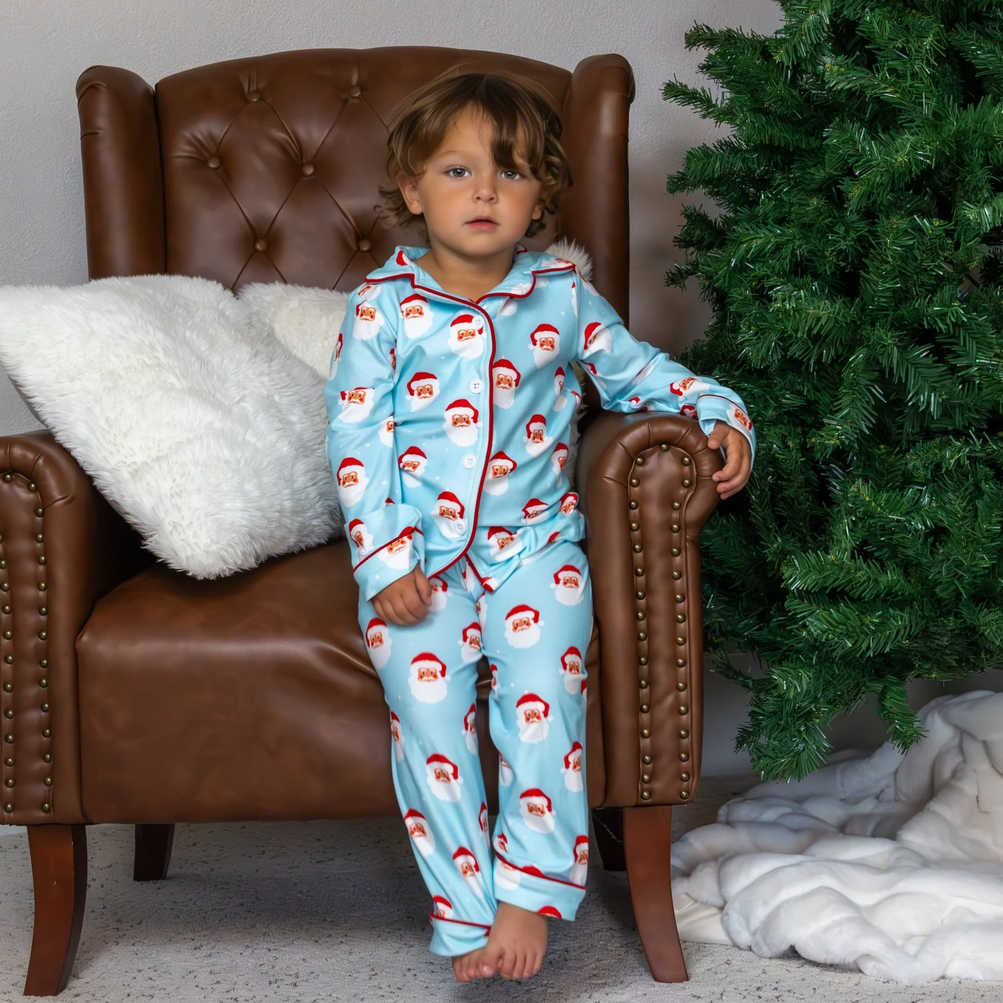 Kids Button Down Pajamas - Vintage Santa Holiday Lounge - Image 4