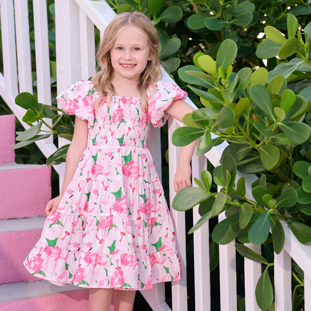 Lucy Smocked Tiered Puffy Sleeve Dress - Floral Flamingos - Image 3