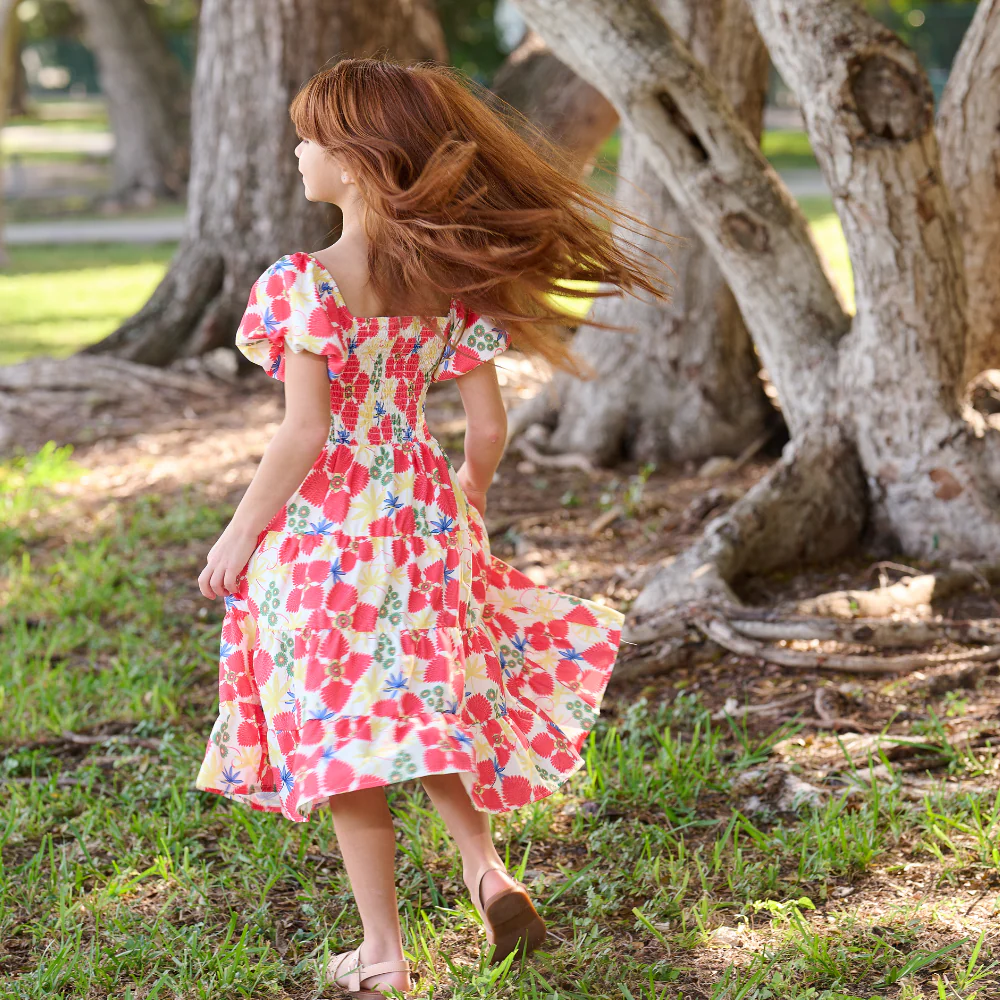Lucy Smocked Tiered Puffy Sleeve Dress - Red Pinwheel - Image 3