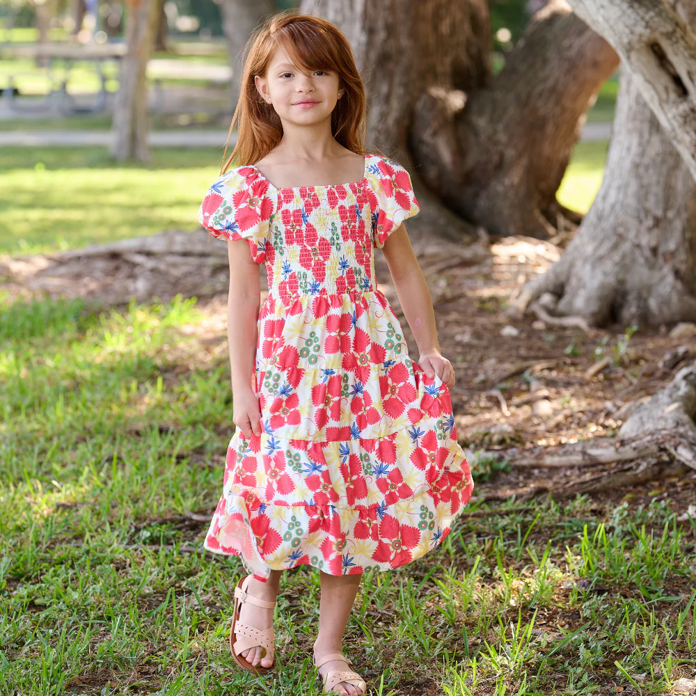 Lucy Smocked Tiered Puffy Sleeve Dress - Red Pinwheel - Image 4