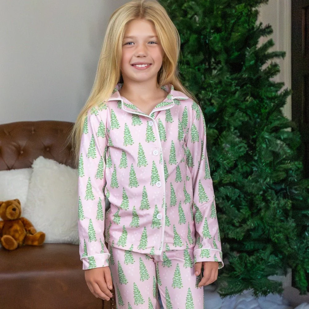 Kids Button Down PJs - Pink Christmas Tree - Image 3