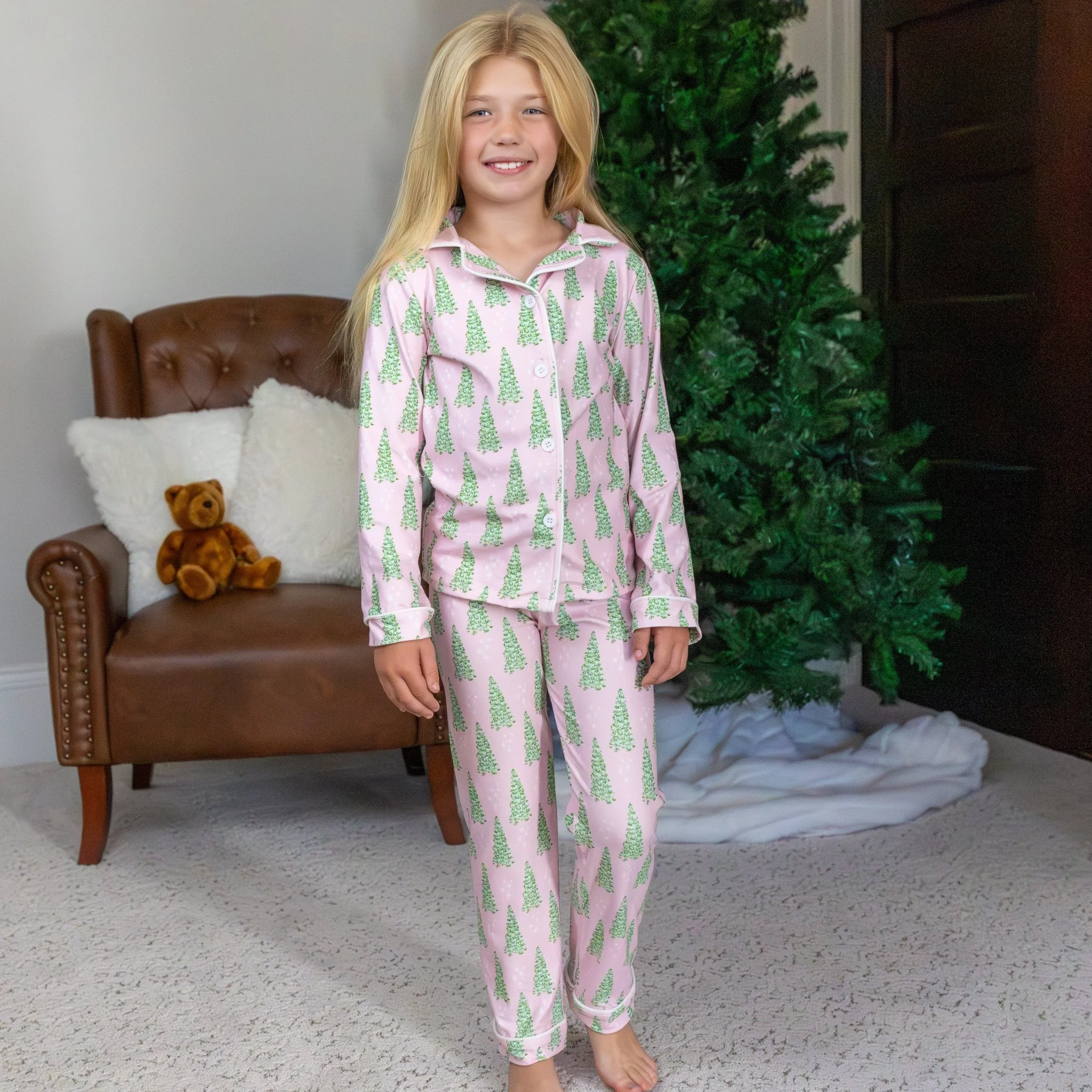 Kids Button Down PJs - Pink Christmas Tree - Image 4