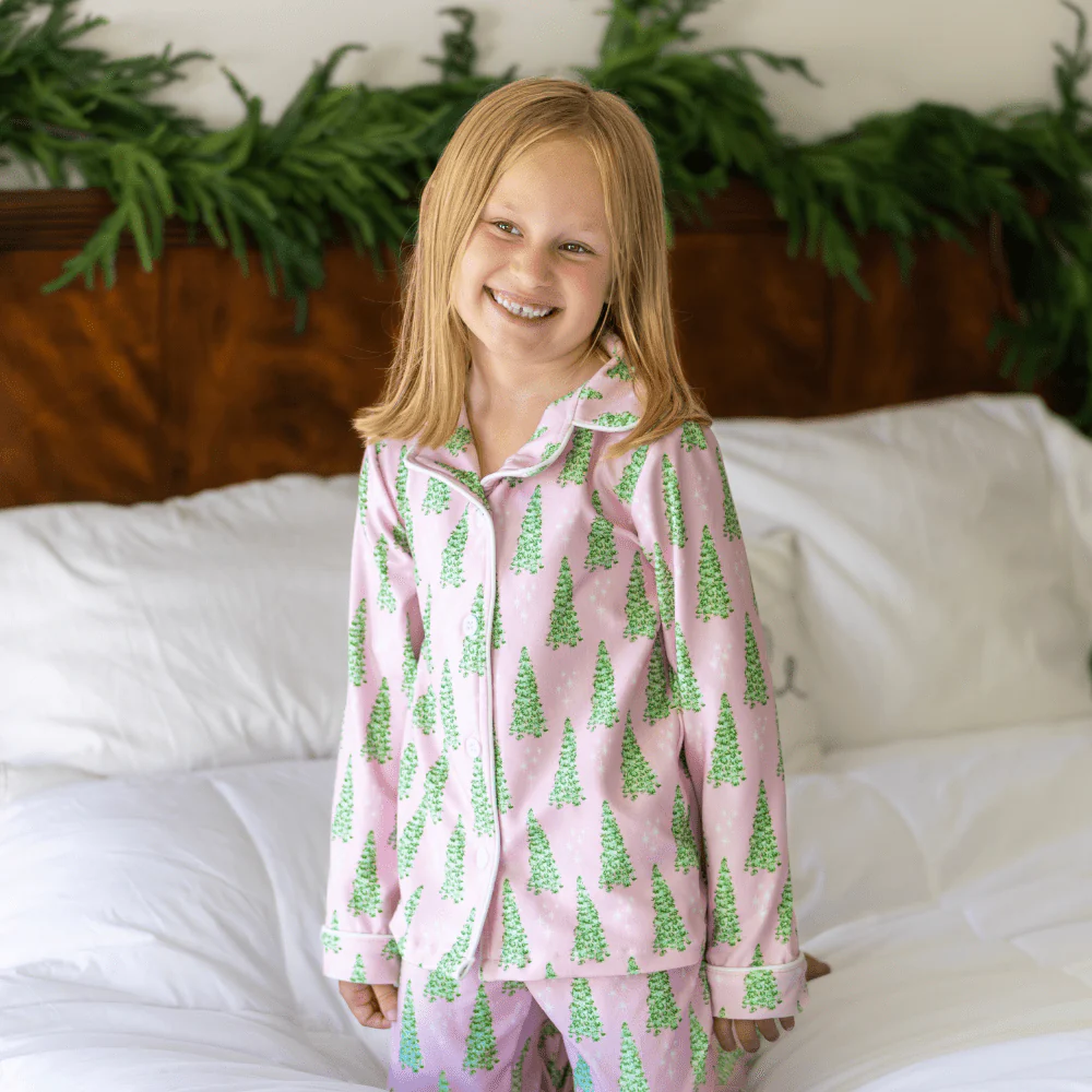 Kids Button Down PJs - Pink Christmas Tree - Image 5