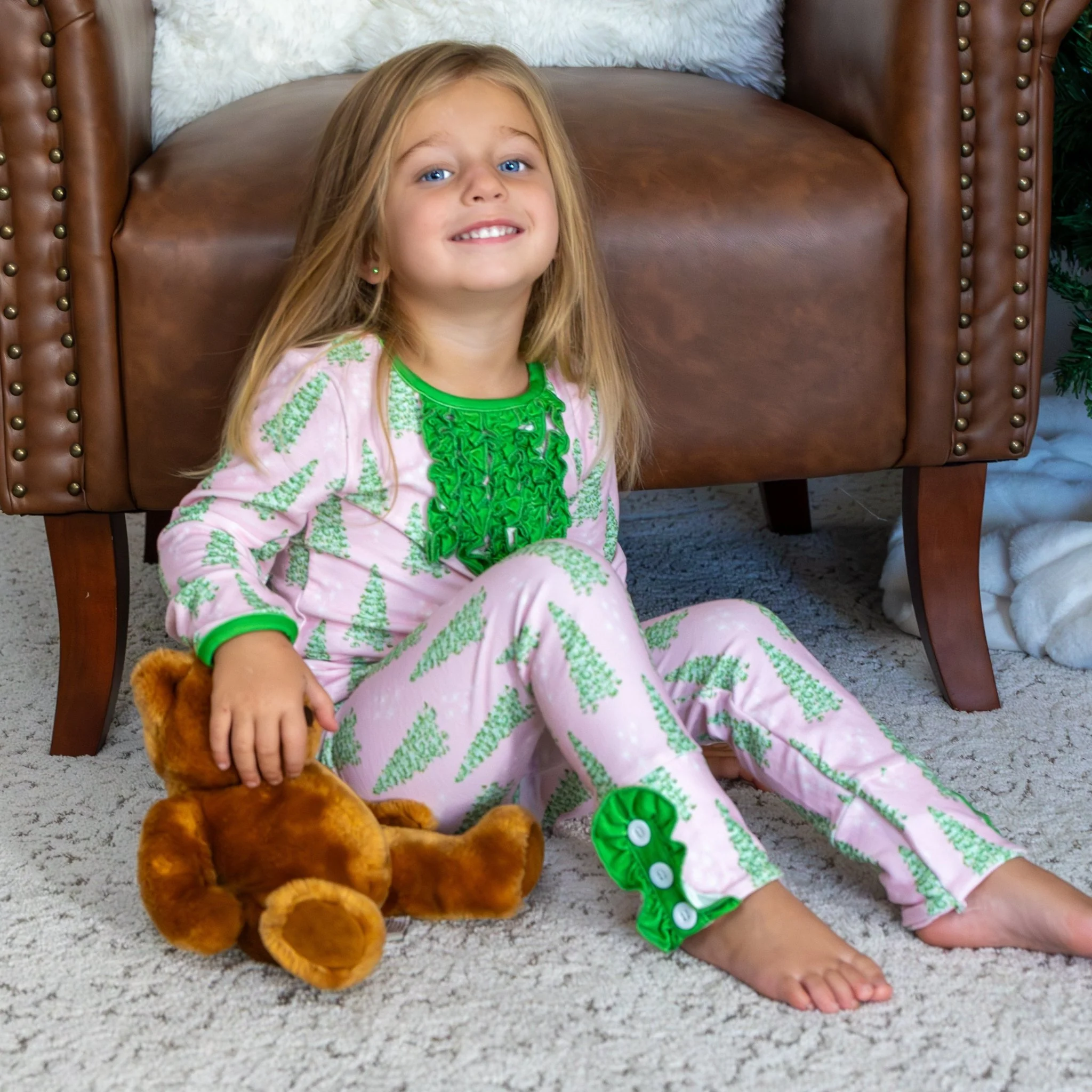 Ruffle Buttflap Pajamas - Pink Christmas Tree Holiday Lounge - Image 3