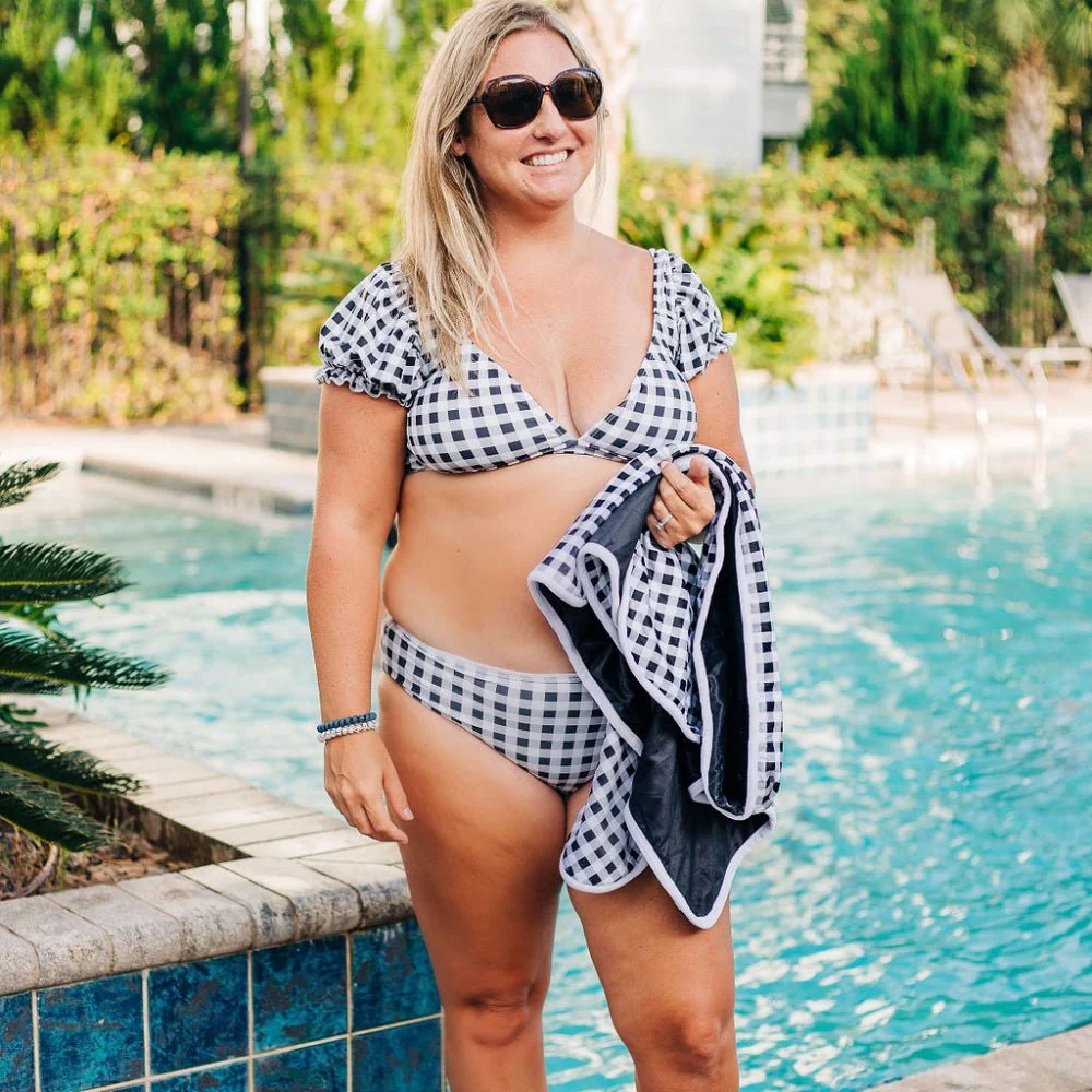 Retro Cap Sleeve Bikini - Black Gingham