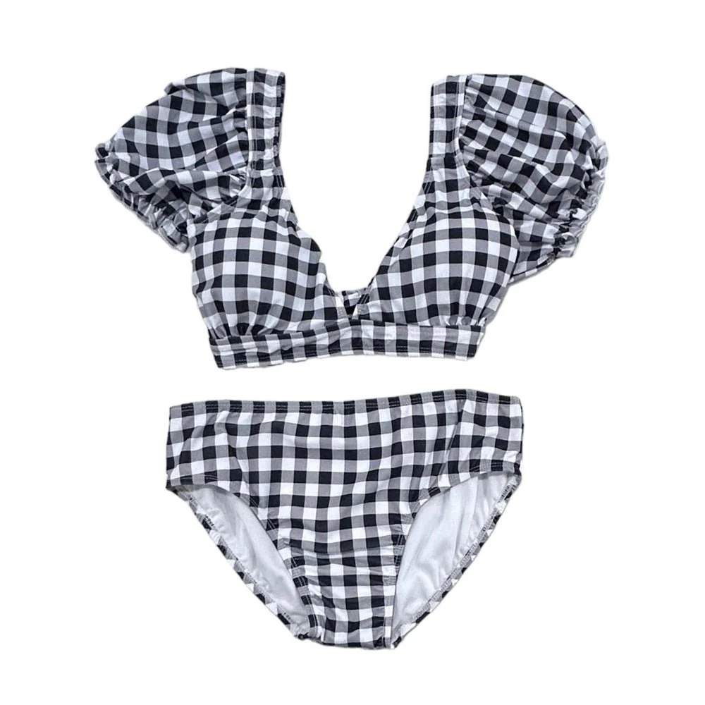 Retro Cap Sleeve Bikini - Black Gingham - Image 4