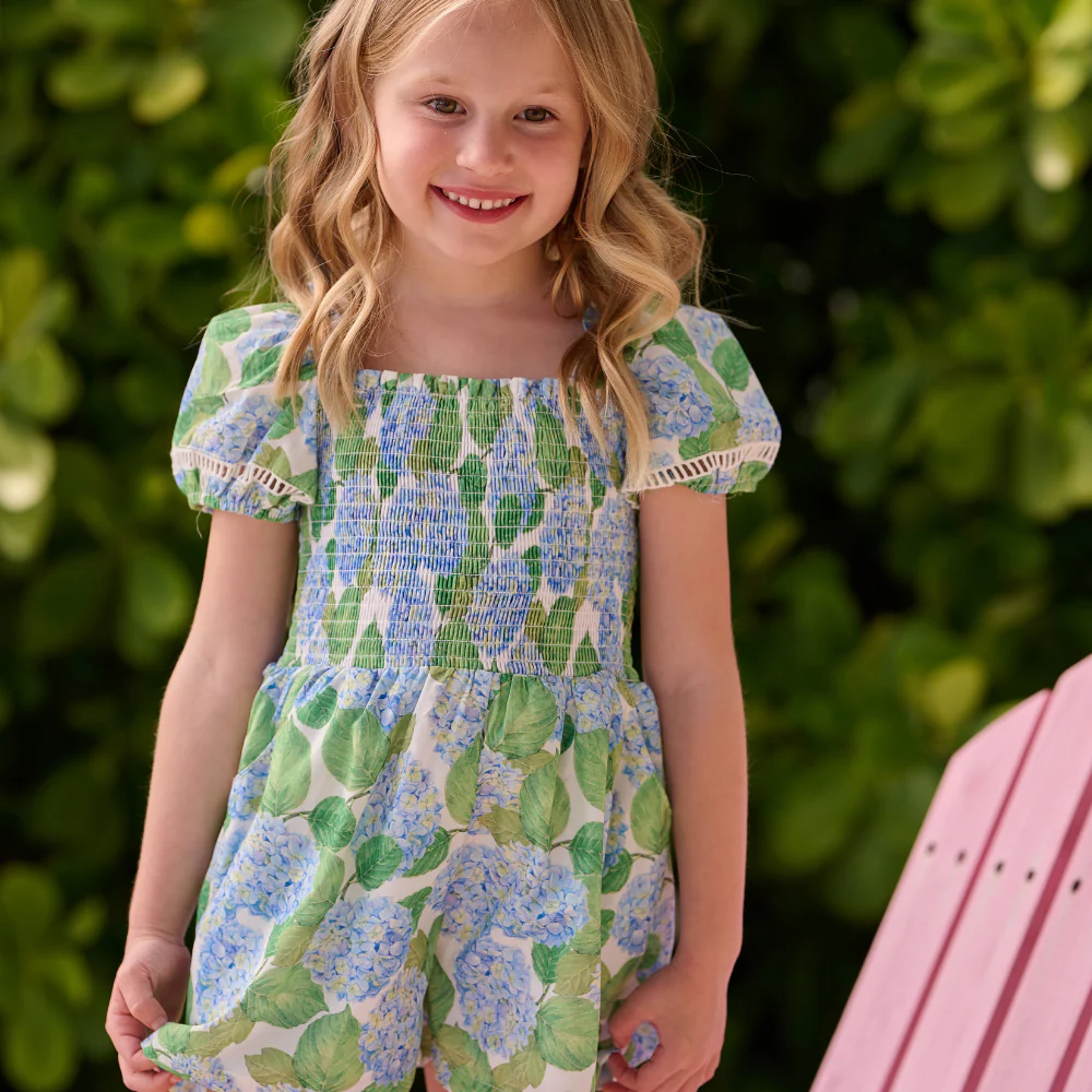 Rosie Smocked Romper - Blue Hydrangeas - Image 6