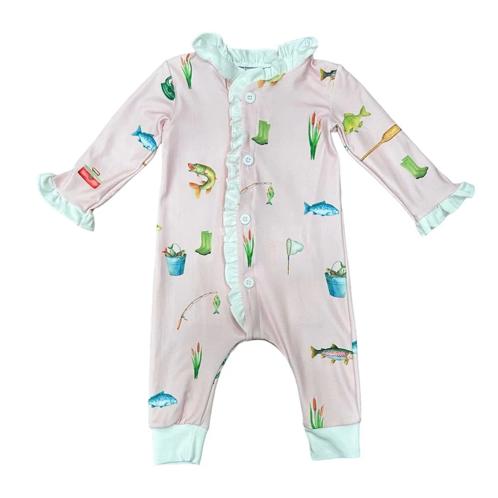 One-Piece Ruffle Buttflap Pajamas - Girls Fishing - Image 3