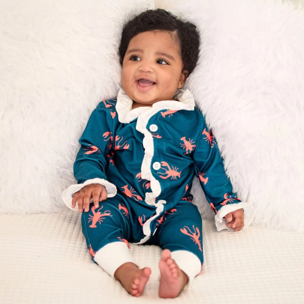 One-Piece Ruffle Buttflap Pajamas - Navy Crawfish - Image 4