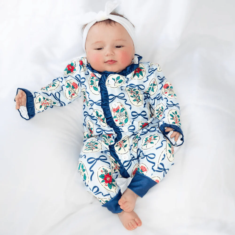 Ruffle Buttflap Pajamas - Navy Bows & Frames