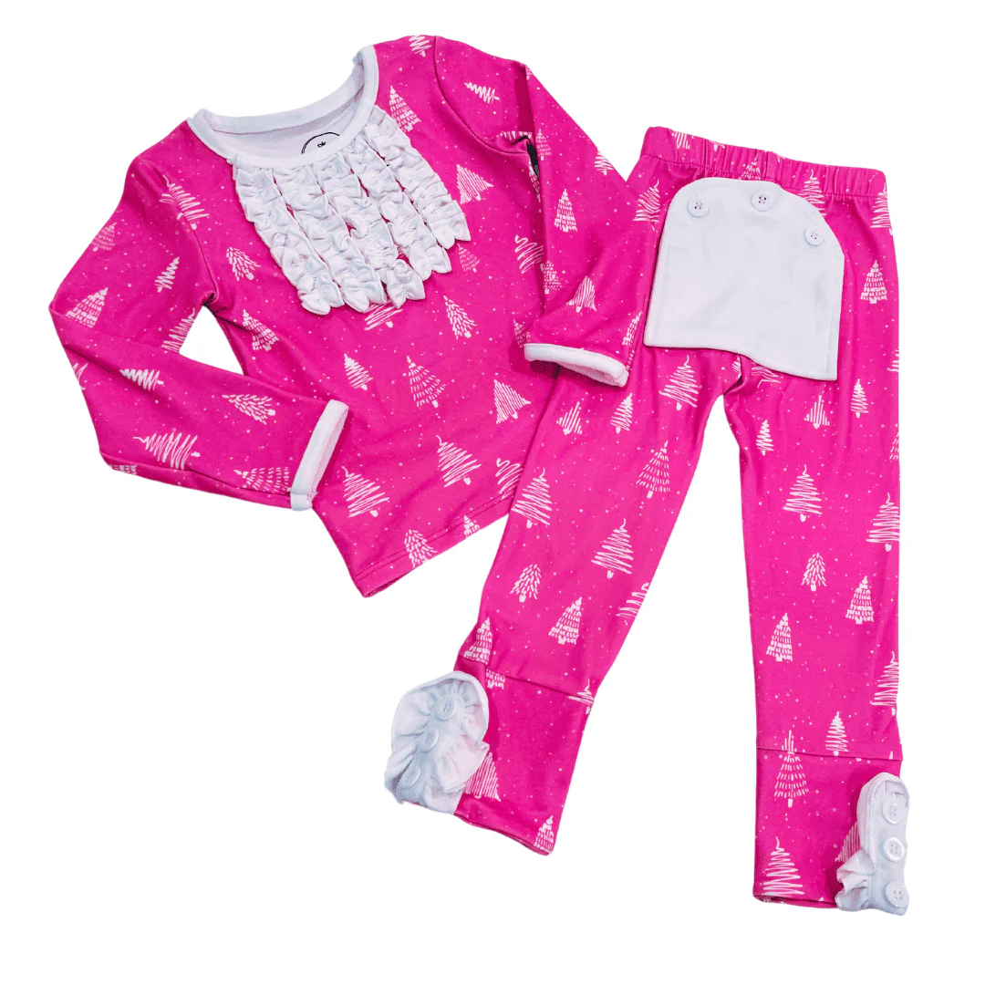 Ruffle Buttflap Pajamas - White Trees On Magenta Holiday Lounge - Image 4
