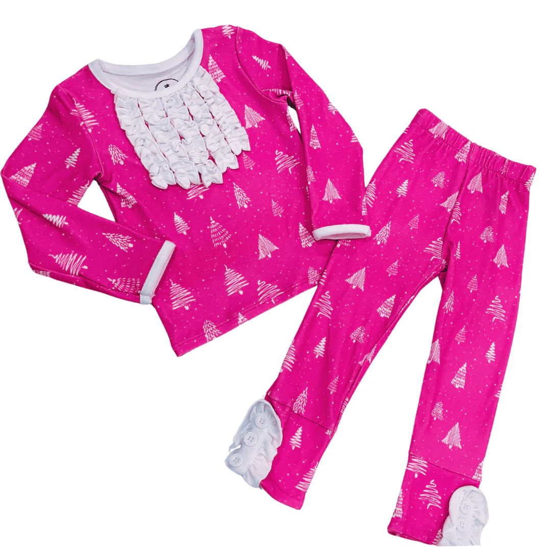 Ruffle Buttflap Pajamas - White Trees On Magenta Holiday Lounge - Image 5