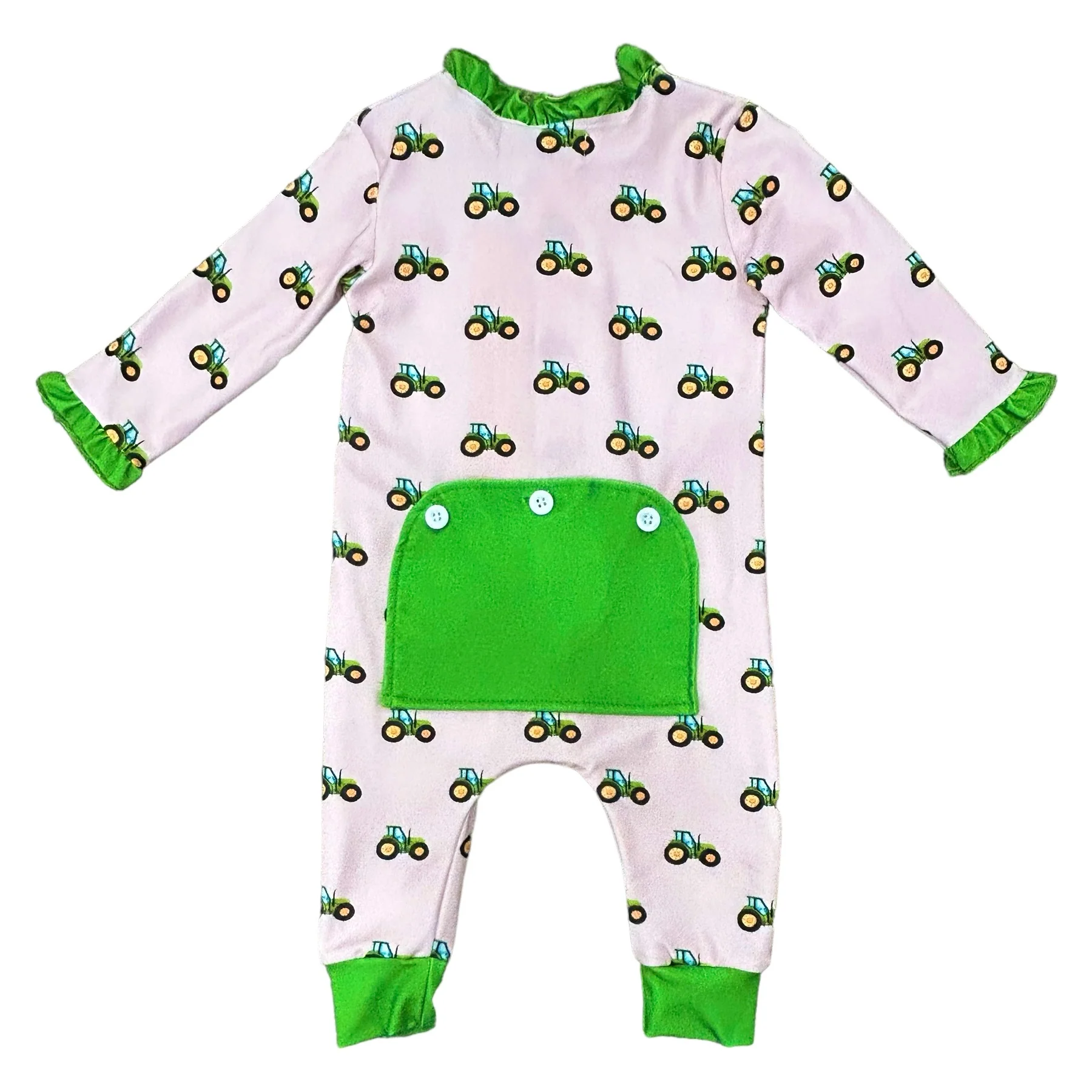 One-Piece Ruffle Buttflap Pajamas - Tractors On Pink - Image 3