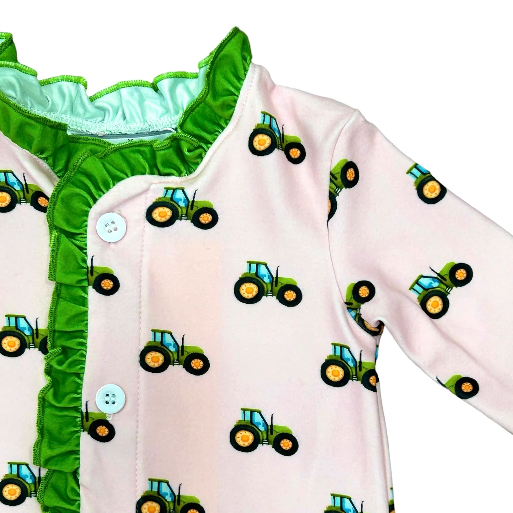 One-Piece Ruffle Buttflap Pajamas - Tractors On Pink - Image 4