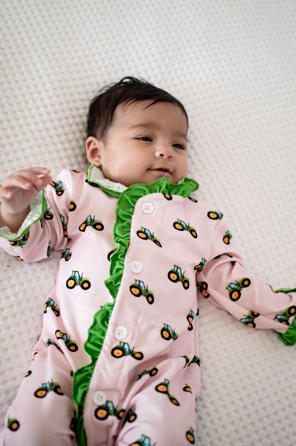One-Piece Ruffle Buttflap Pajamas - Tractors On Pink - Image 7