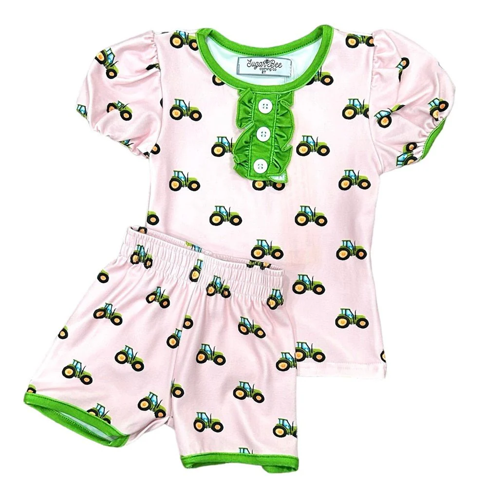 Ruffle Short Sleeve Lounge Set - Tractors On Pink - Image 3
